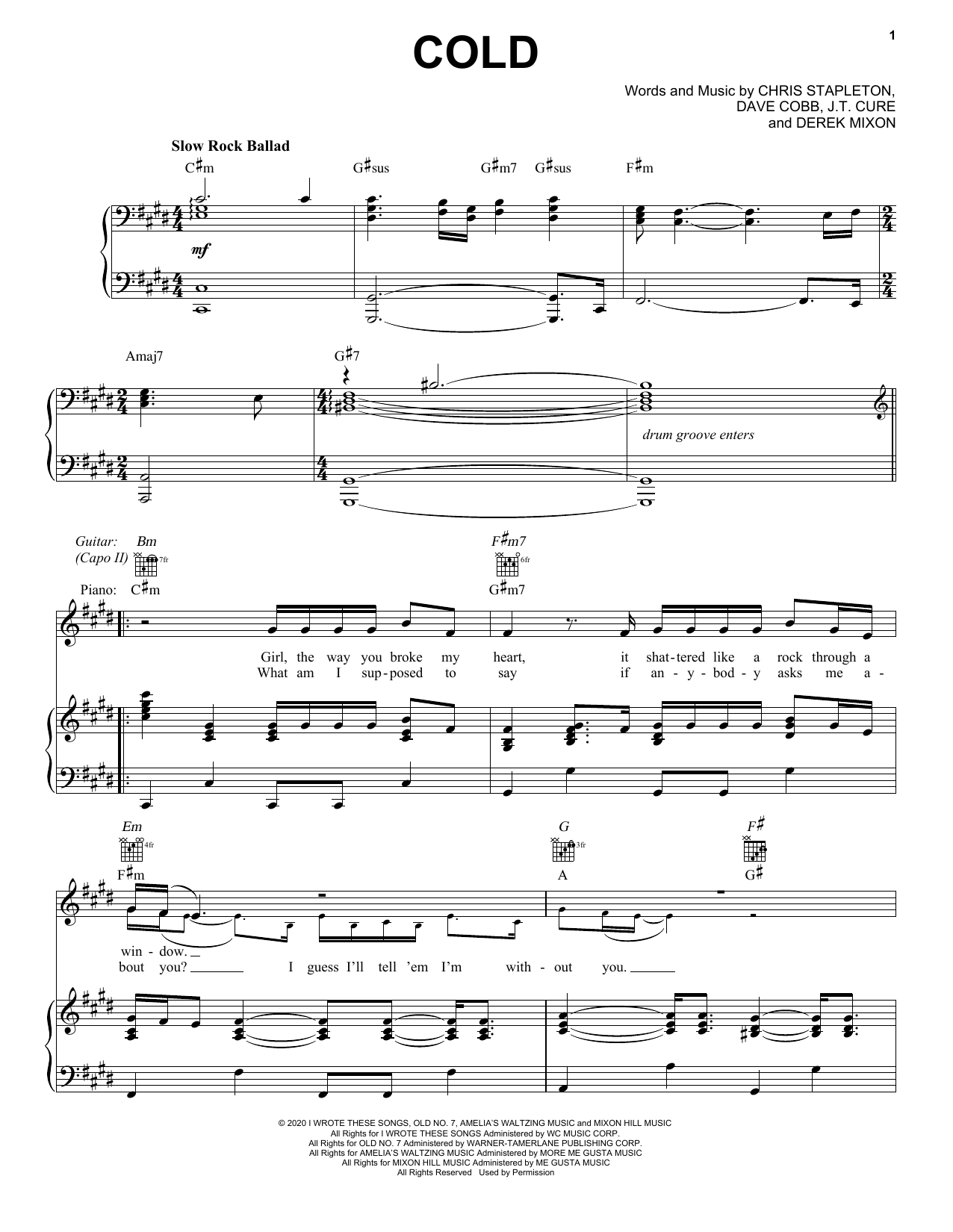 Chris Stapleton Cold Sheet Music Notes & Chords for Piano, Vocal & Guitar (Right-Hand Melody) - Download or Print PDF