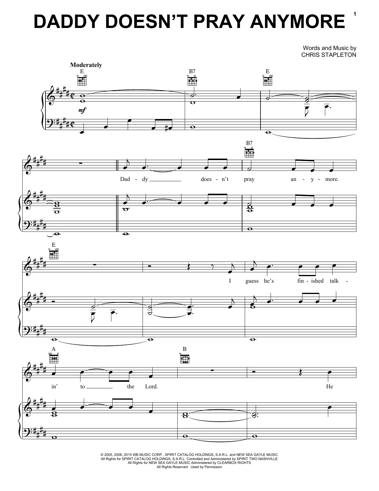 Chris Stapleton Daddy Doesn't Pray Anymore Sheet Music Notes & Chords for Piano, Vocal & Guitar (Right-Hand Melody) - Download or Print PDF