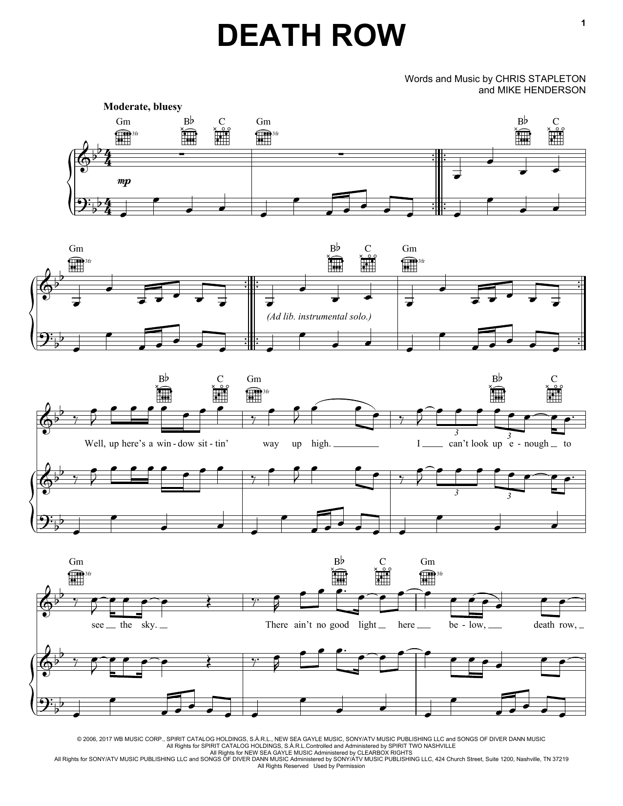 Chris Stapleton Death Row Sheet Music Notes & Chords for Piano, Vocal & Guitar (Right-Hand Melody) - Download or Print PDF