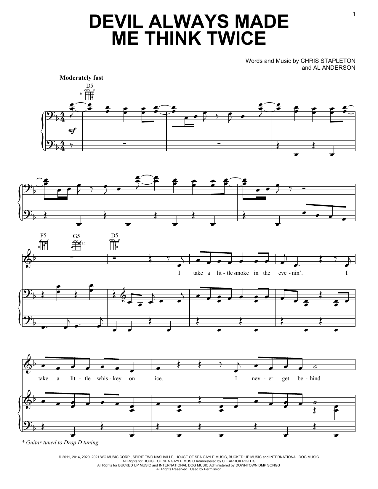 Chris Stapleton Devil Always Made Me Think Twice Sheet Music Notes & Chords for Piano, Vocal & Guitar (Right-Hand Melody) - Download or Print PDF
