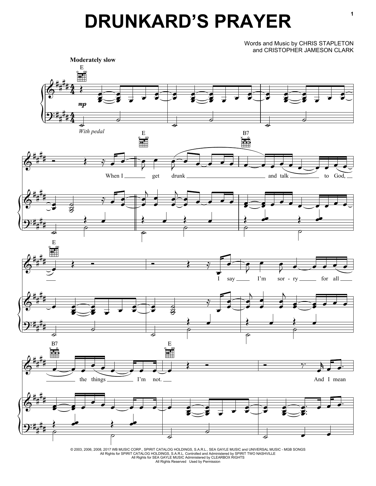 Chris Stapleton Drunkard's Prayer Sheet Music Notes & Chords for Piano, Vocal & Guitar (Right-Hand Melody) - Download or Print PDF