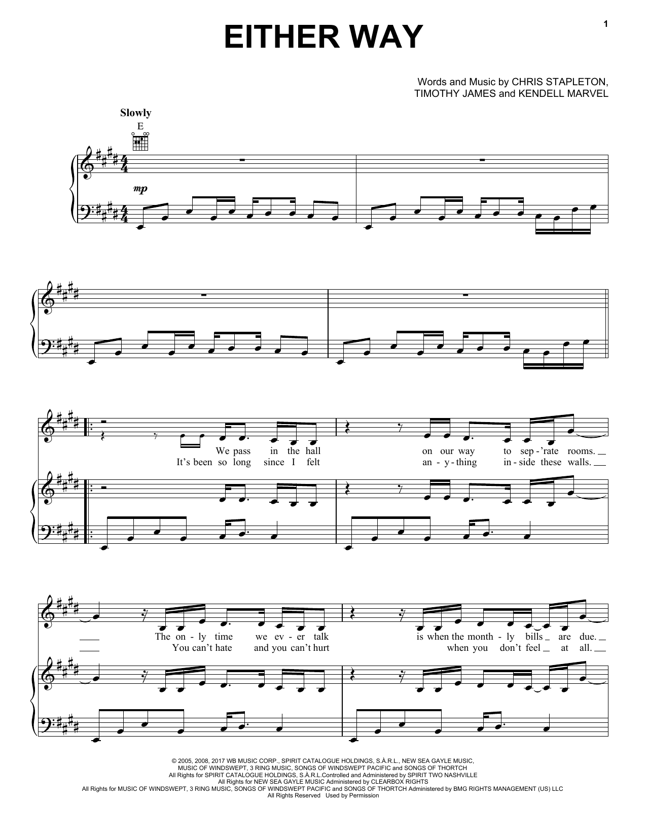 Chris Stapleton Either Way Sheet Music Notes & Chords for Piano, Vocal & Guitar (Right-Hand Melody) - Download or Print PDF