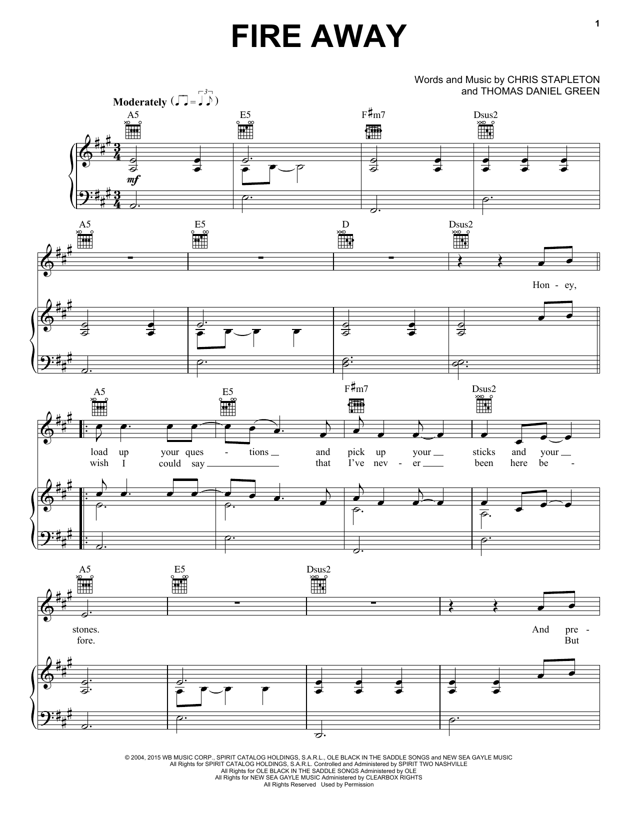 Chris Stapleton Fire Away Sheet Music Notes & Chords for Piano, Vocal & Guitar (Right-Hand Melody) - Download or Print PDF