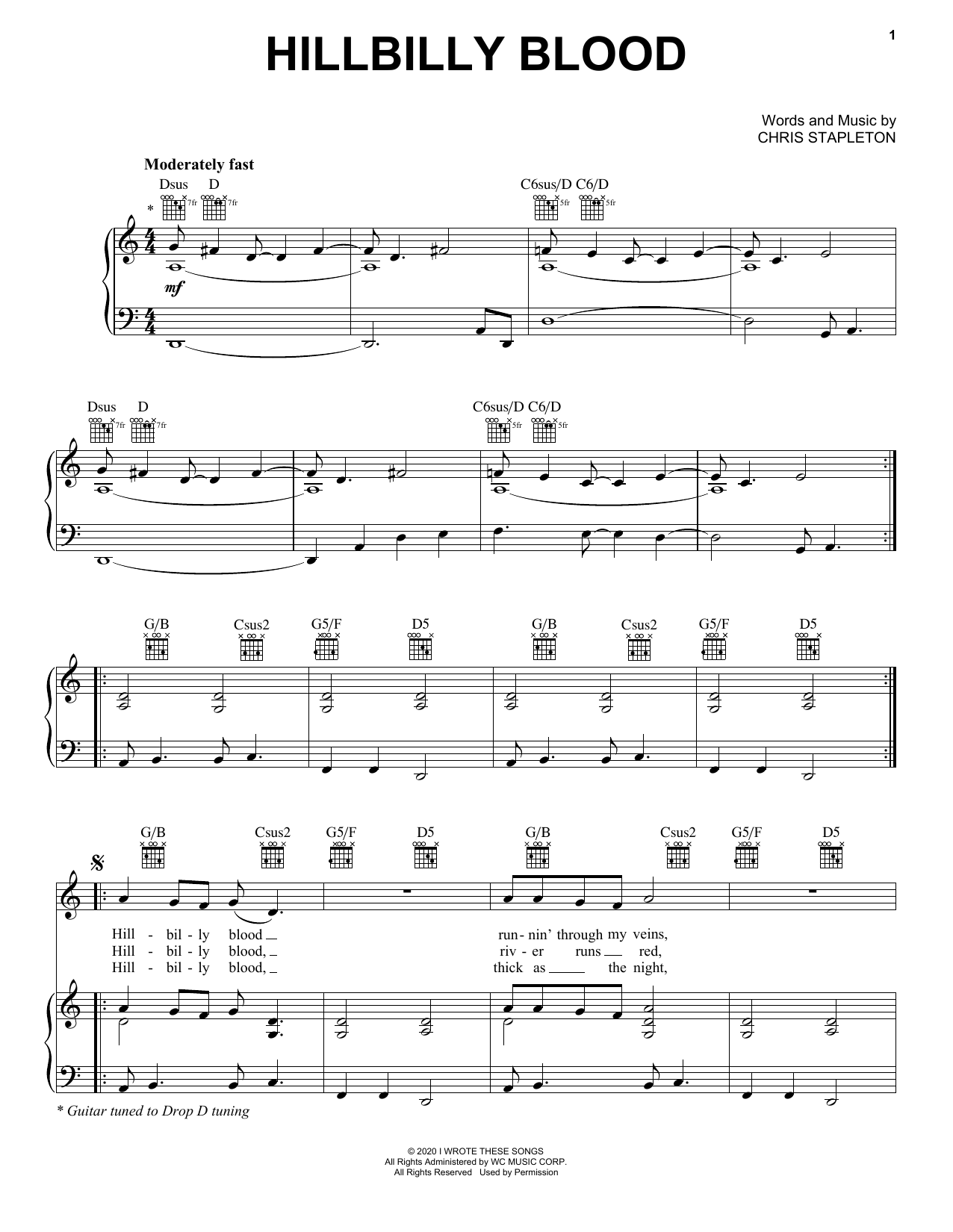 Chris Stapleton Hillbilly Blood Sheet Music Notes & Chords for Piano, Vocal & Guitar (Right-Hand Melody) - Download or Print PDF