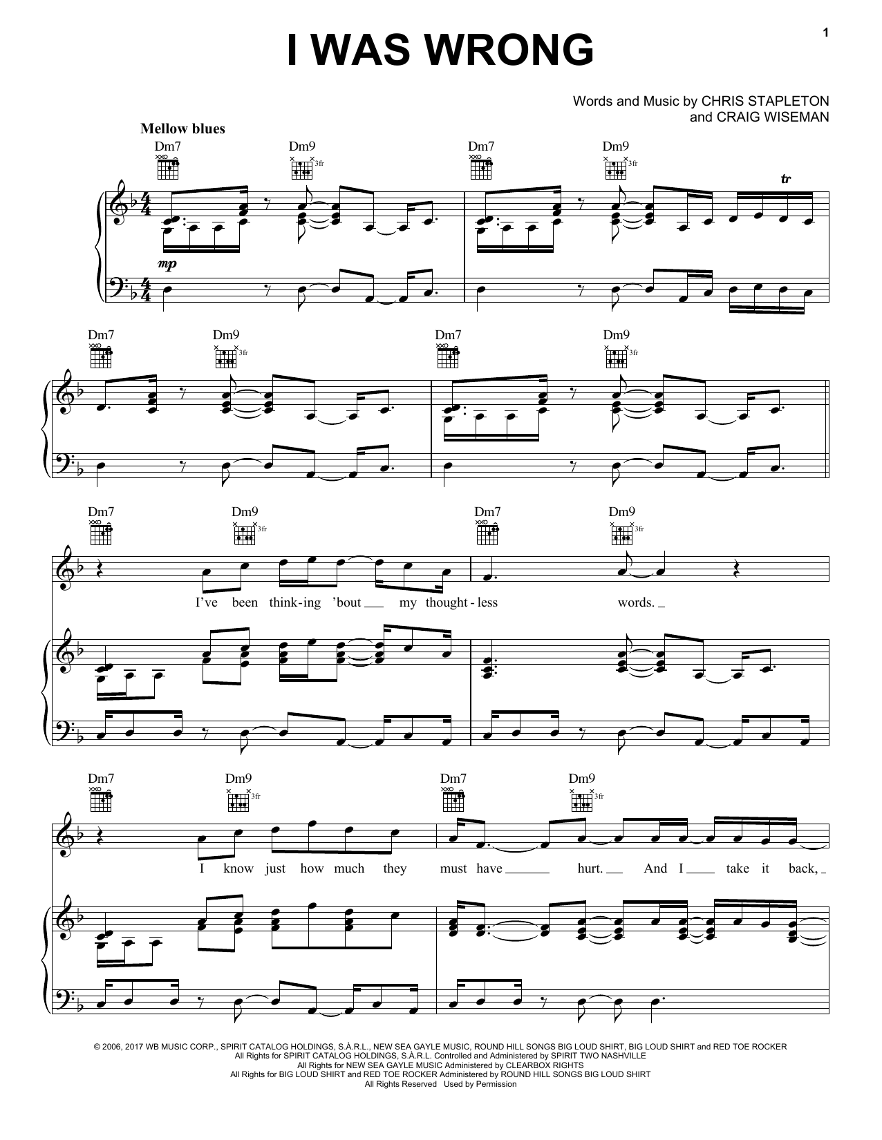Chris Stapleton I Was Wrong Sheet Music Notes & Chords for Piano, Vocal & Guitar (Right-Hand Melody) - Download or Print PDF