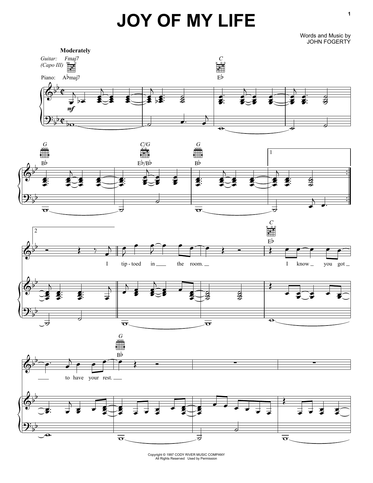 Chris Stapleton Joy Of My Life Sheet Music Notes & Chords for Piano, Vocal & Guitar (Right-Hand Melody) - Download or Print PDF
