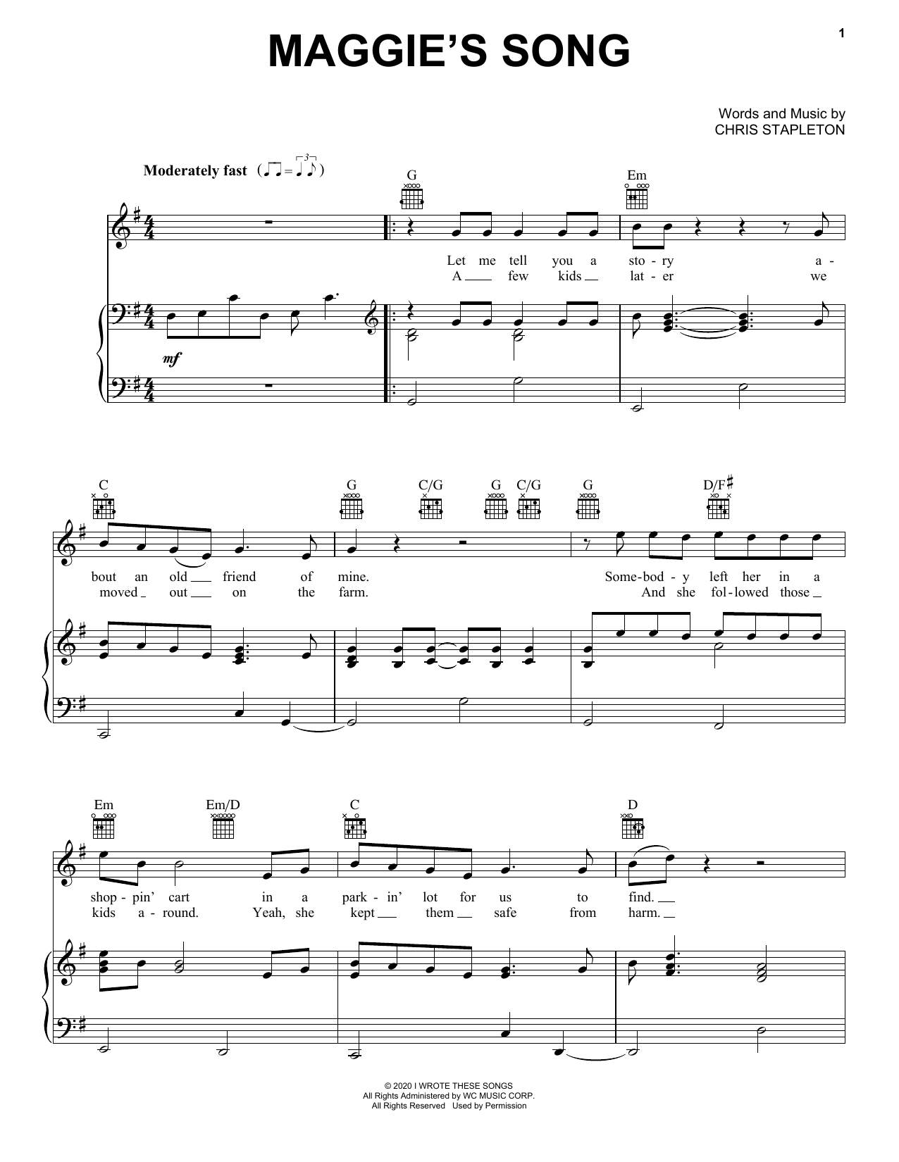 Chris Stapleton Maggie's Song Sheet Music Notes & Chords for Piano, Vocal & Guitar (Right-Hand Melody) - Download or Print PDF