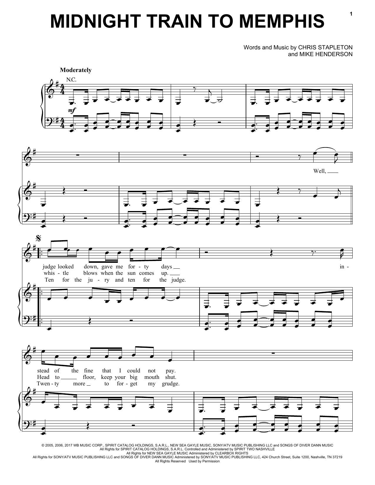 Chris Stapleton Midnight Train To Memphis Sheet Music Notes & Chords for Piano, Vocal & Guitar (Right-Hand Melody) - Download or Print PDF
