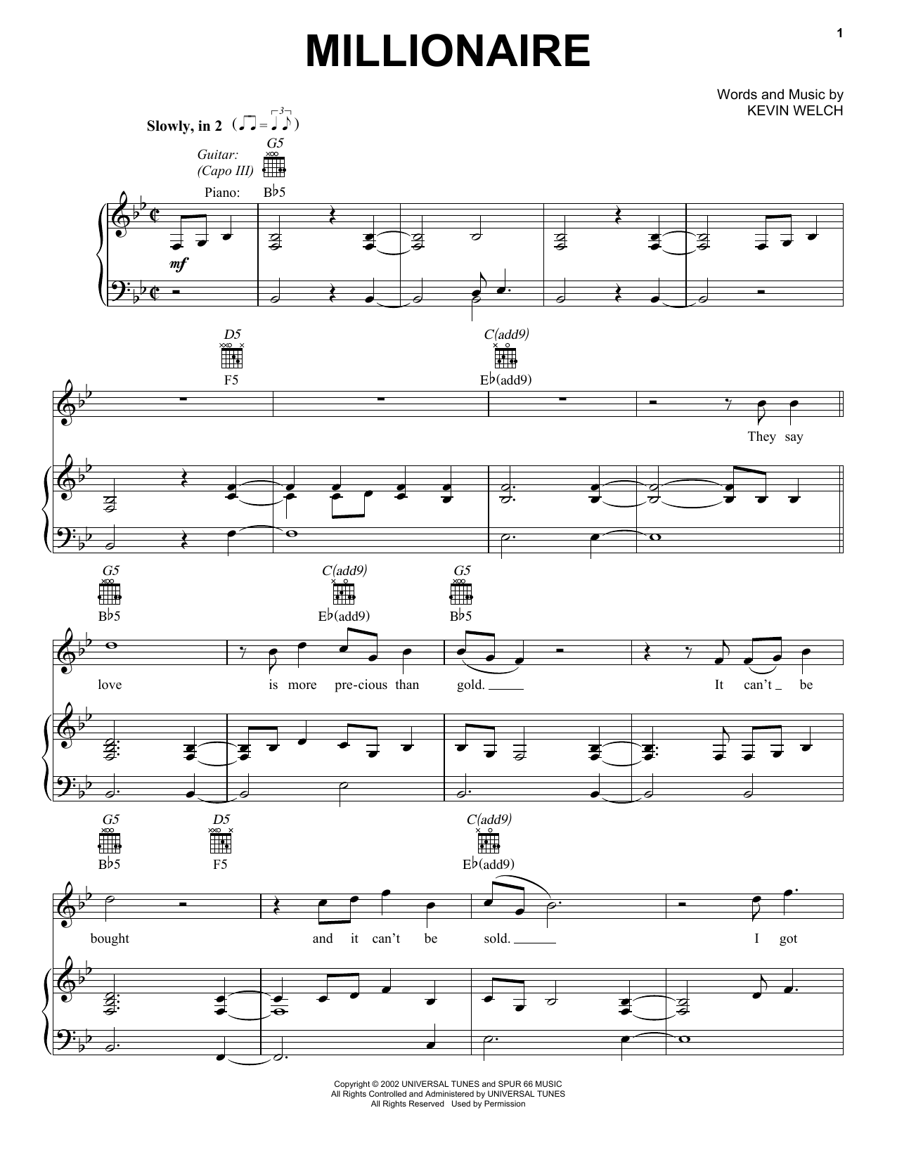 Chris Stapleton Millionaire Sheet Music Notes & Chords for Piano, Vocal & Guitar (Right-Hand Melody) - Download or Print PDF