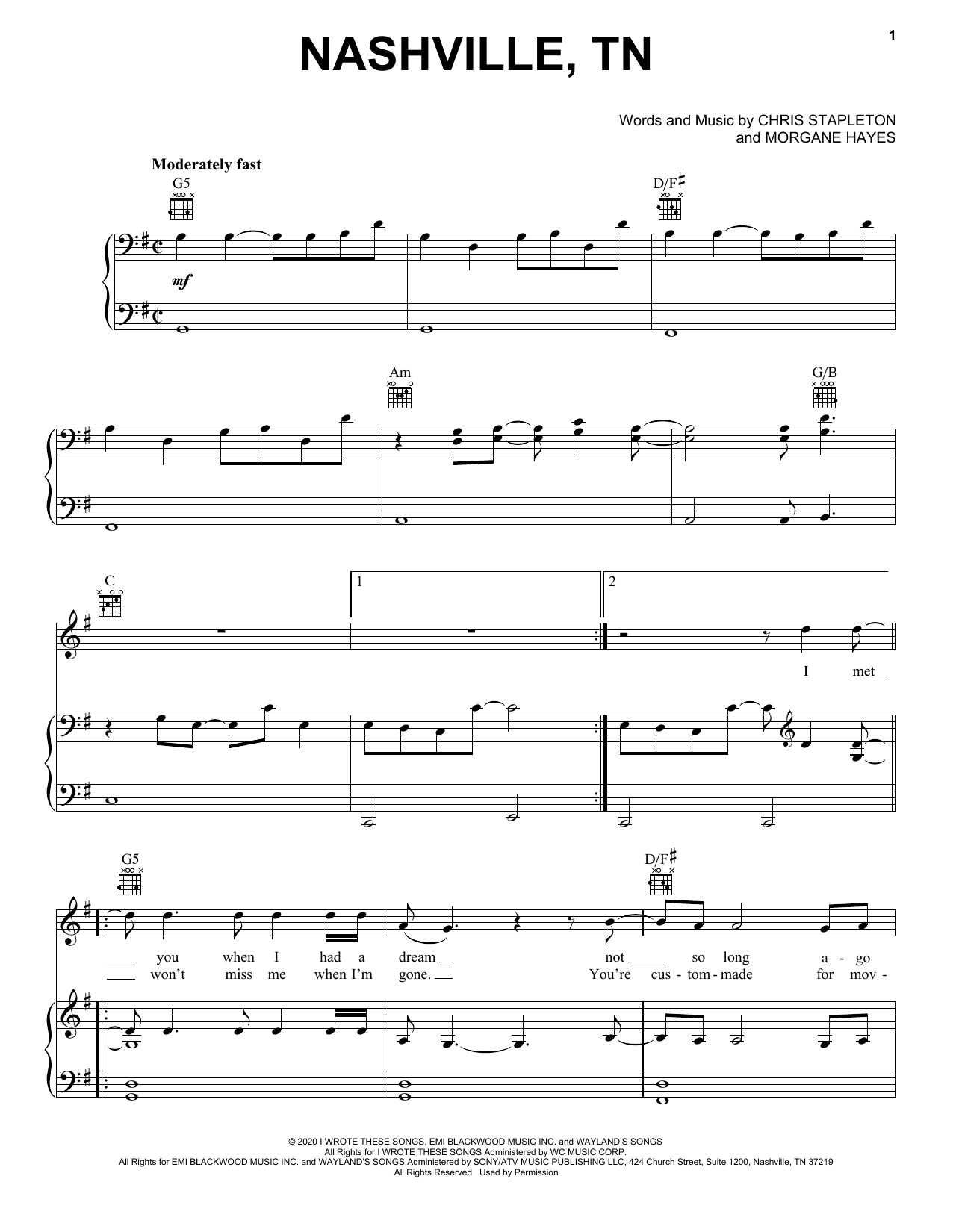 Chris Stapleton Nashville, TN Sheet Music Notes & Chords for Piano, Vocal & Guitar (Right-Hand Melody) - Download or Print PDF