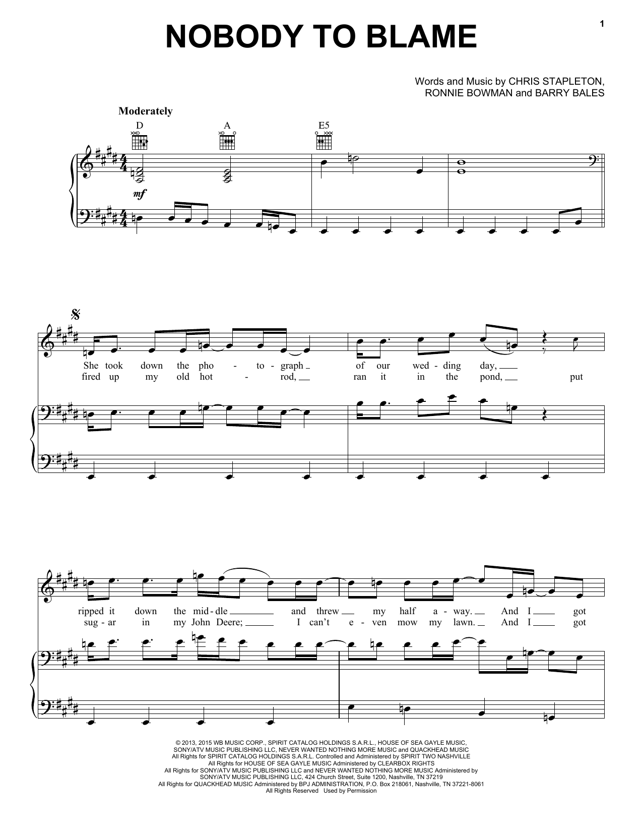 Chris Stapleton Nobody To Blame Sheet Music Notes & Chords for Guitar Chords/Lyrics - Download or Print PDF
