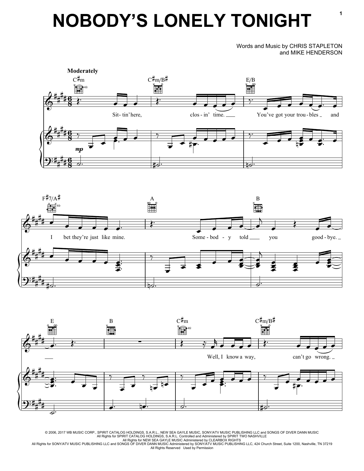 Chris Stapleton Nobody's Lonely Tonight Sheet Music Notes & Chords for Piano, Vocal & Guitar (Right-Hand Melody) - Download or Print PDF