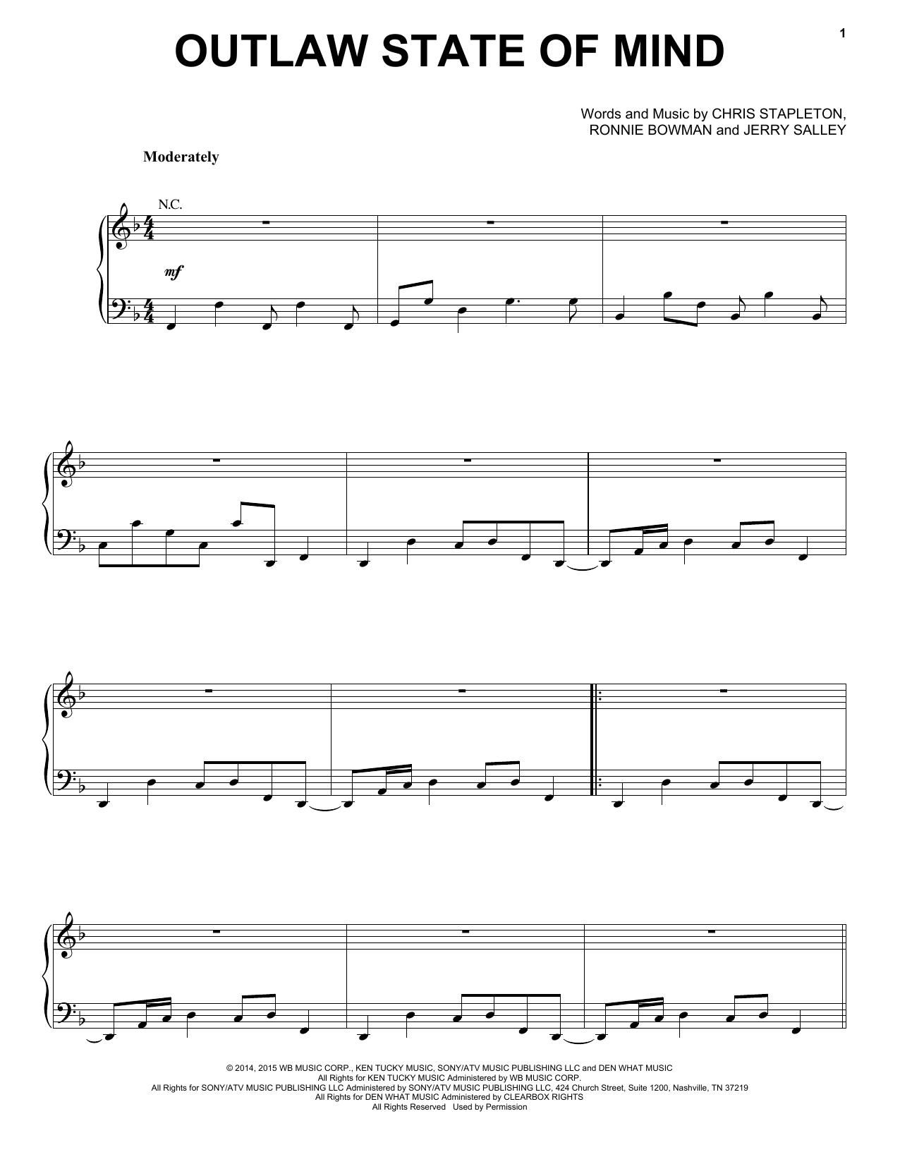 Chris Stapleton Outlaw State Of Mind Sheet Music Notes & Chords for Piano, Vocal & Guitar (Right-Hand Melody) - Download or Print PDF
