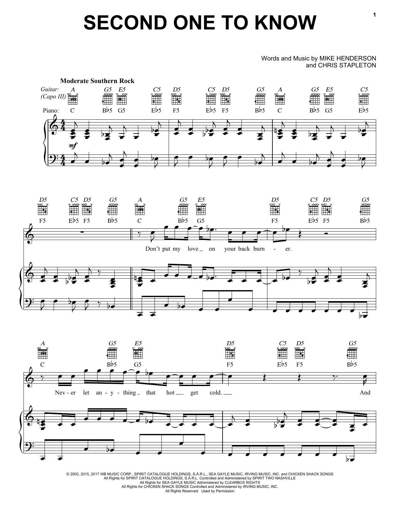 Chris Stapleton Second One To Know Sheet Music Notes & Chords for Guitar Chords/Lyrics - Download or Print PDF