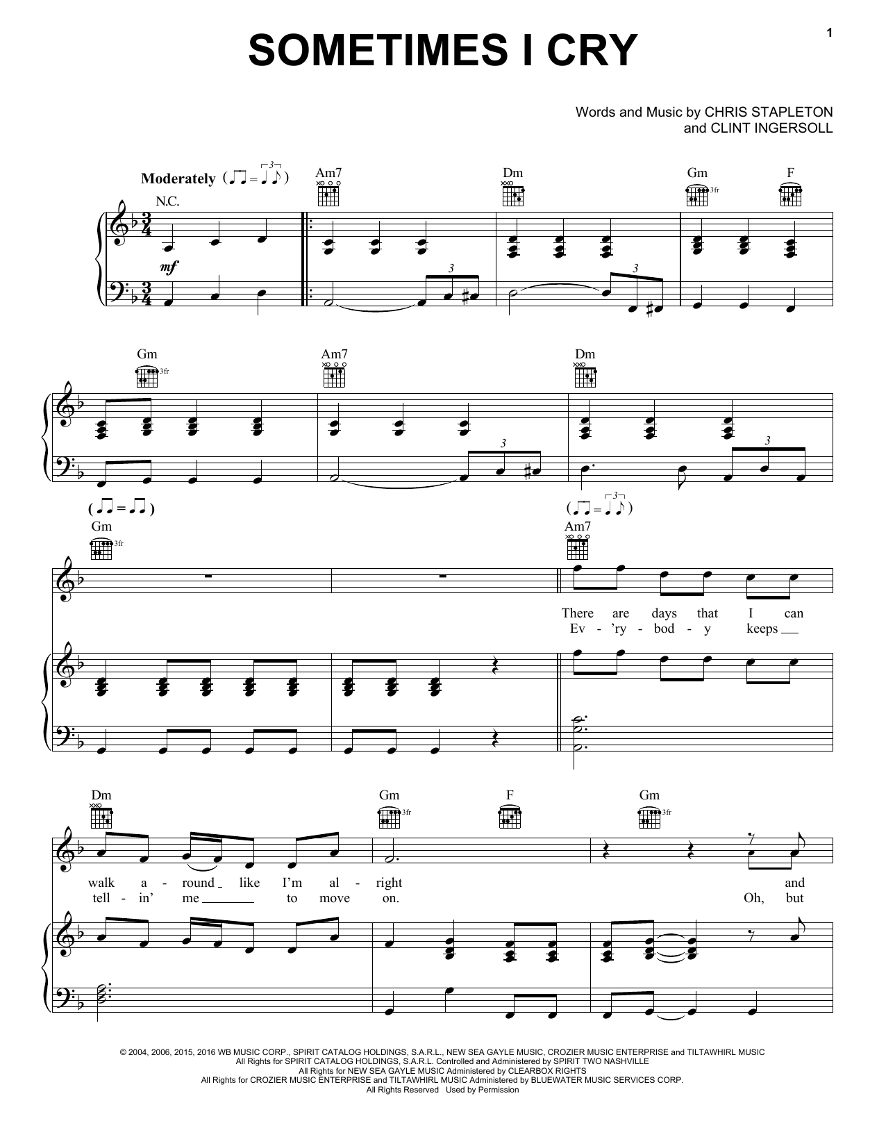 Chris Stapleton Sometimes I Cry Sheet Music Notes & Chords for Piano, Vocal & Guitar (Right-Hand Melody) - Download or Print PDF