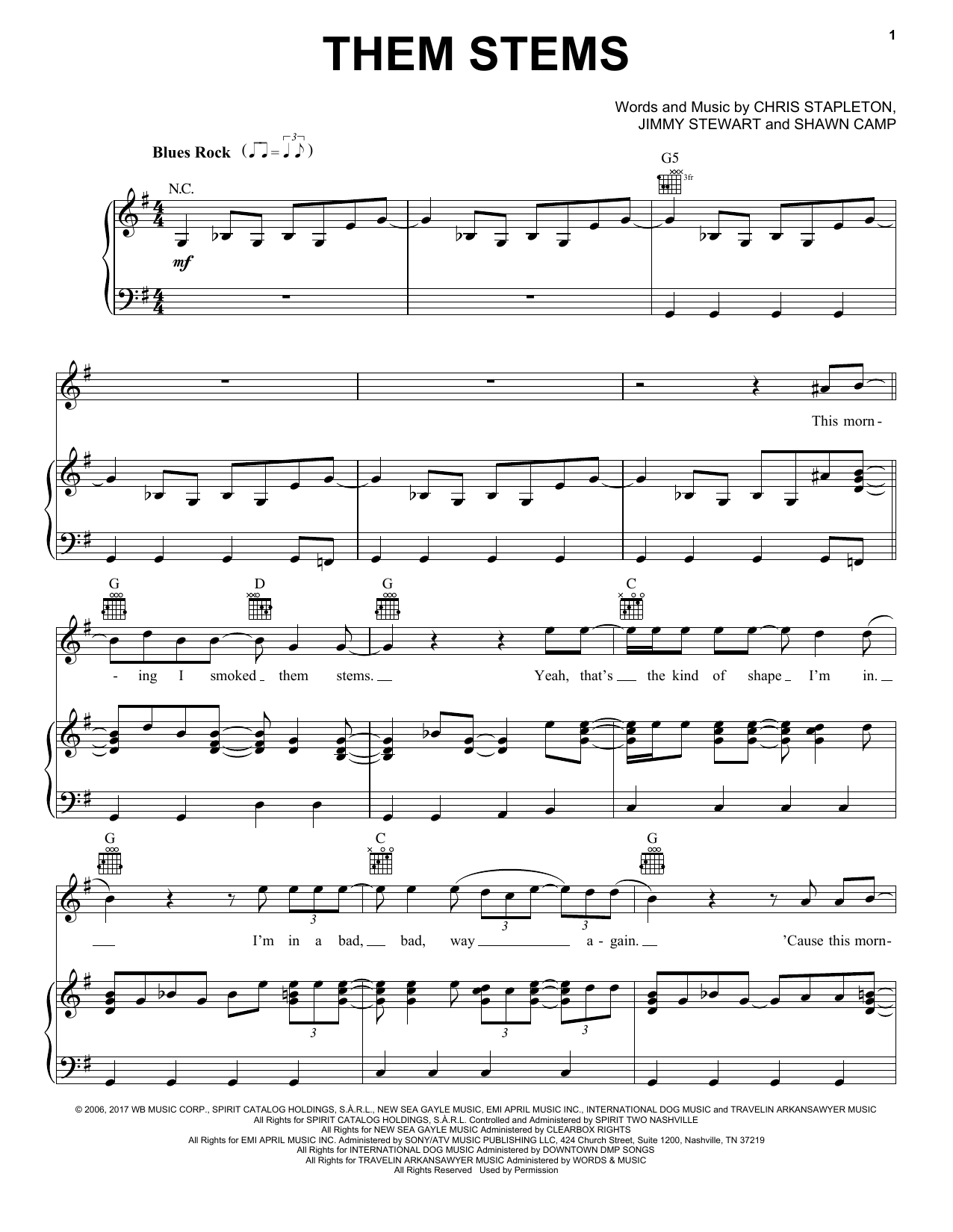 Chris Stapleton Them Stems Sheet Music Notes & Chords for Piano, Vocal & Guitar (Right-Hand Melody) - Download or Print PDF