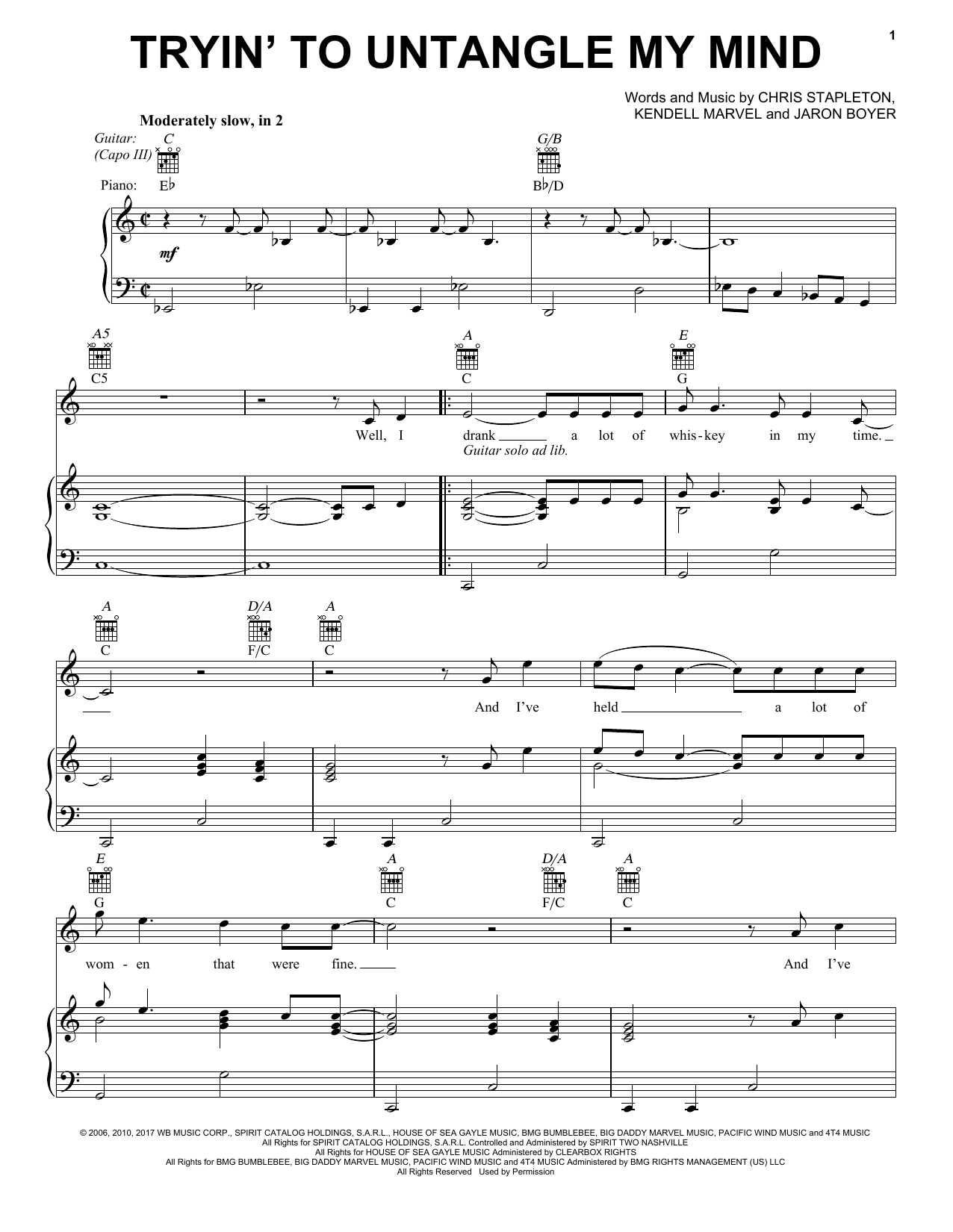 Chris Stapleton Tryin' To Untangle My Mind Sheet Music Notes & Chords for Piano, Vocal & Guitar (Right-Hand Melody) - Download or Print PDF