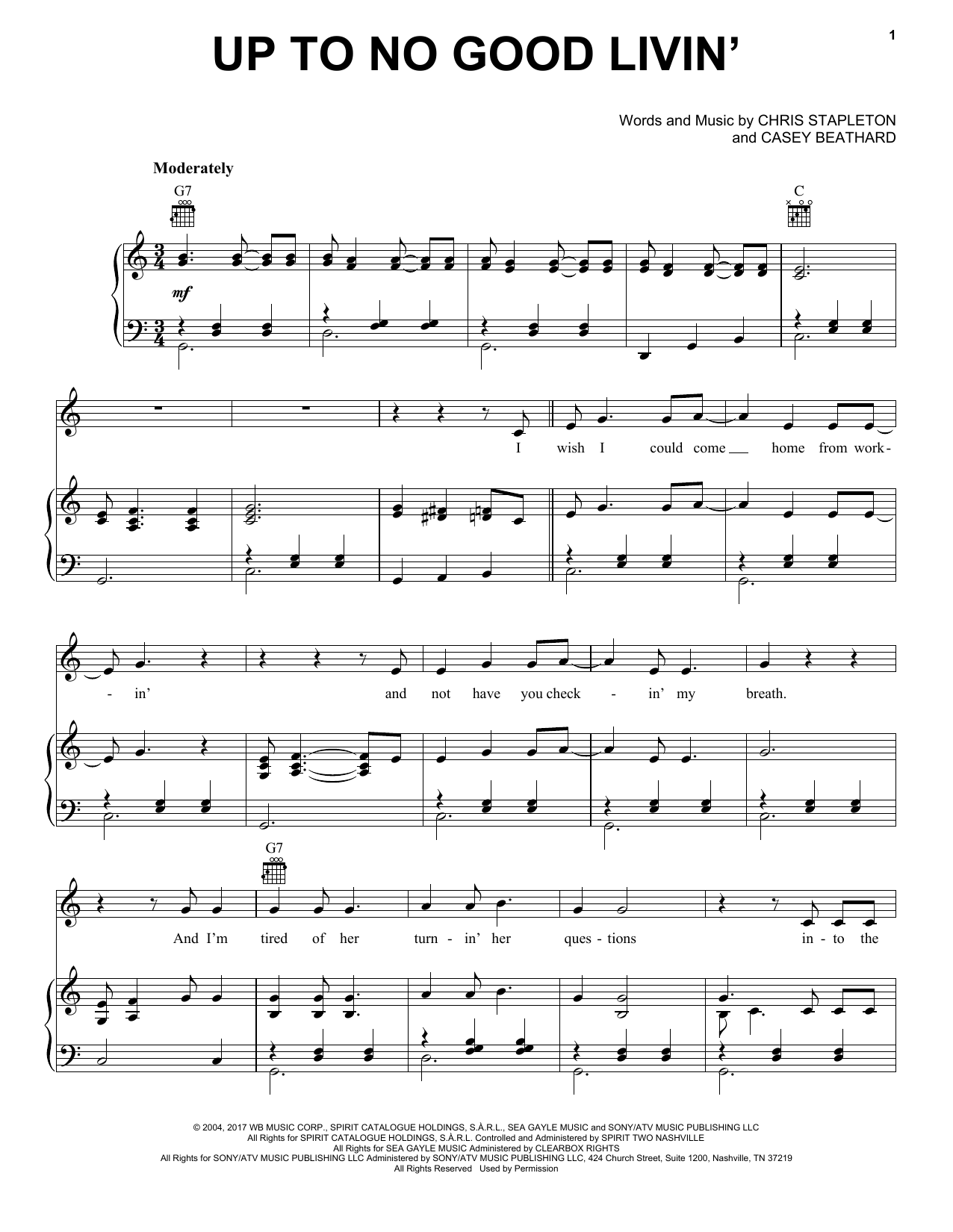Chris Stapleton Up To No Good Livin' Sheet Music Notes & Chords for Piano, Vocal & Guitar (Right-Hand Melody) - Download or Print PDF