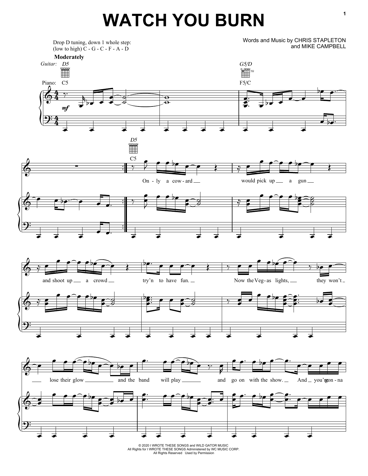 Chris Stapleton Watch You Burn Sheet Music Notes & Chords for Piano, Vocal & Guitar (Right-Hand Melody) - Download or Print PDF