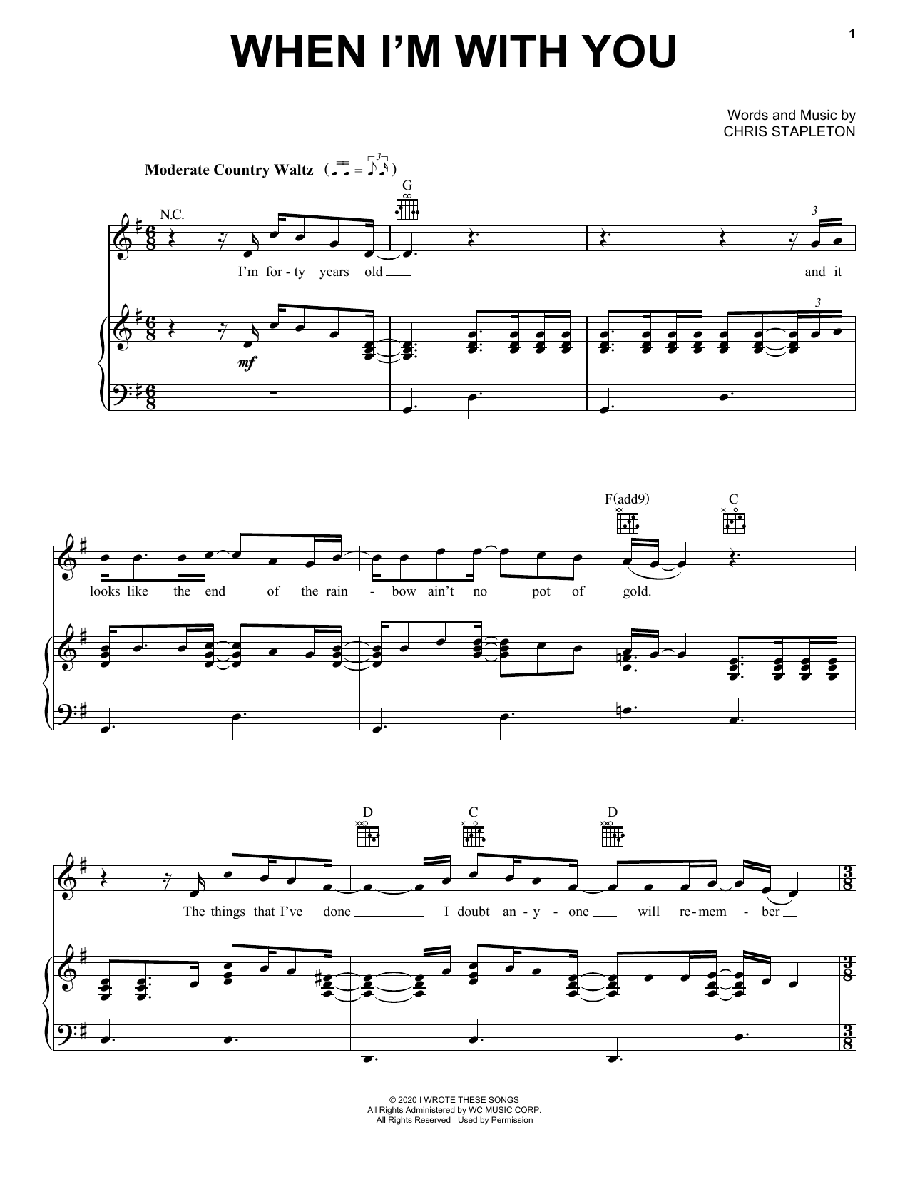 Chris Stapleton When I'm With You Sheet Music Notes & Chords for Piano, Vocal & Guitar (Right-Hand Melody) - Download or Print PDF