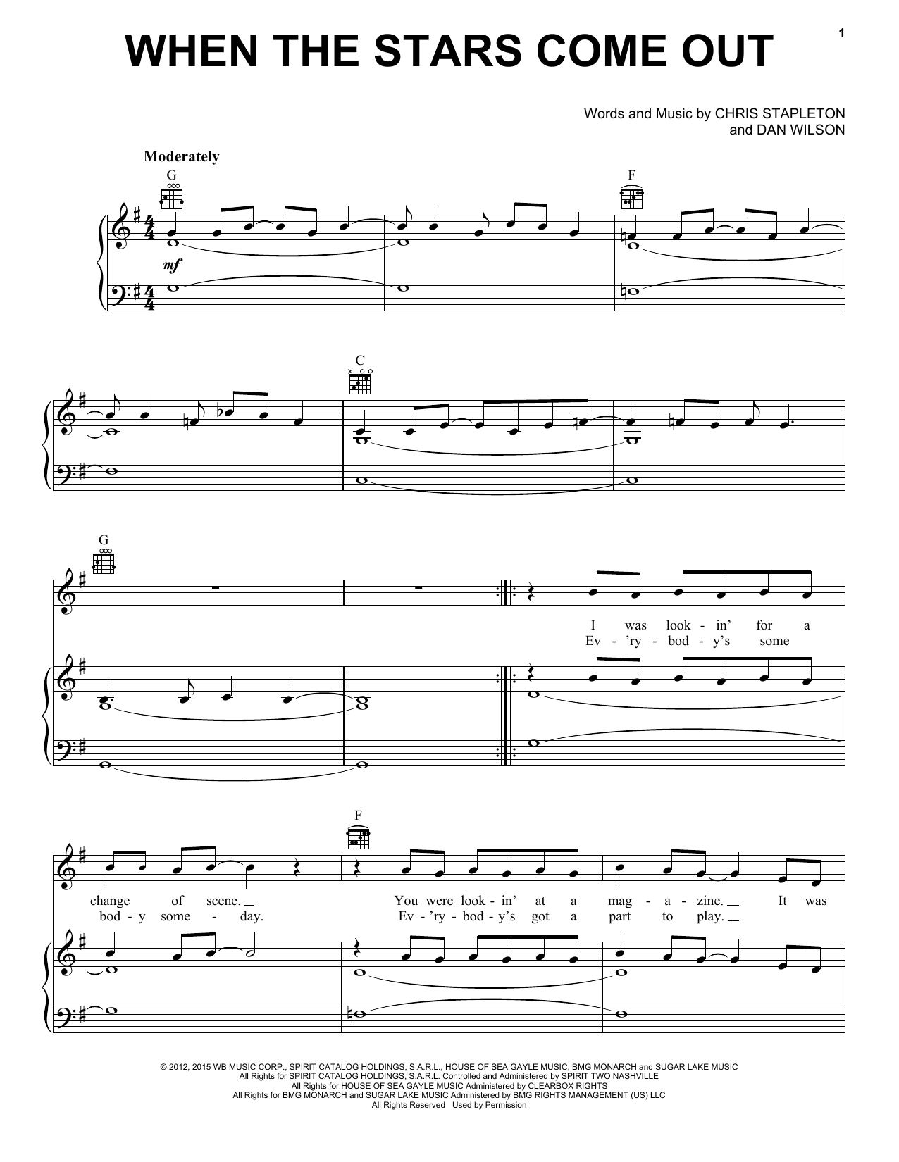 Chris Stapleton When The Stars Come Out Sheet Music Notes & Chords for Piano, Vocal & Guitar (Right-Hand Melody) - Download or Print PDF