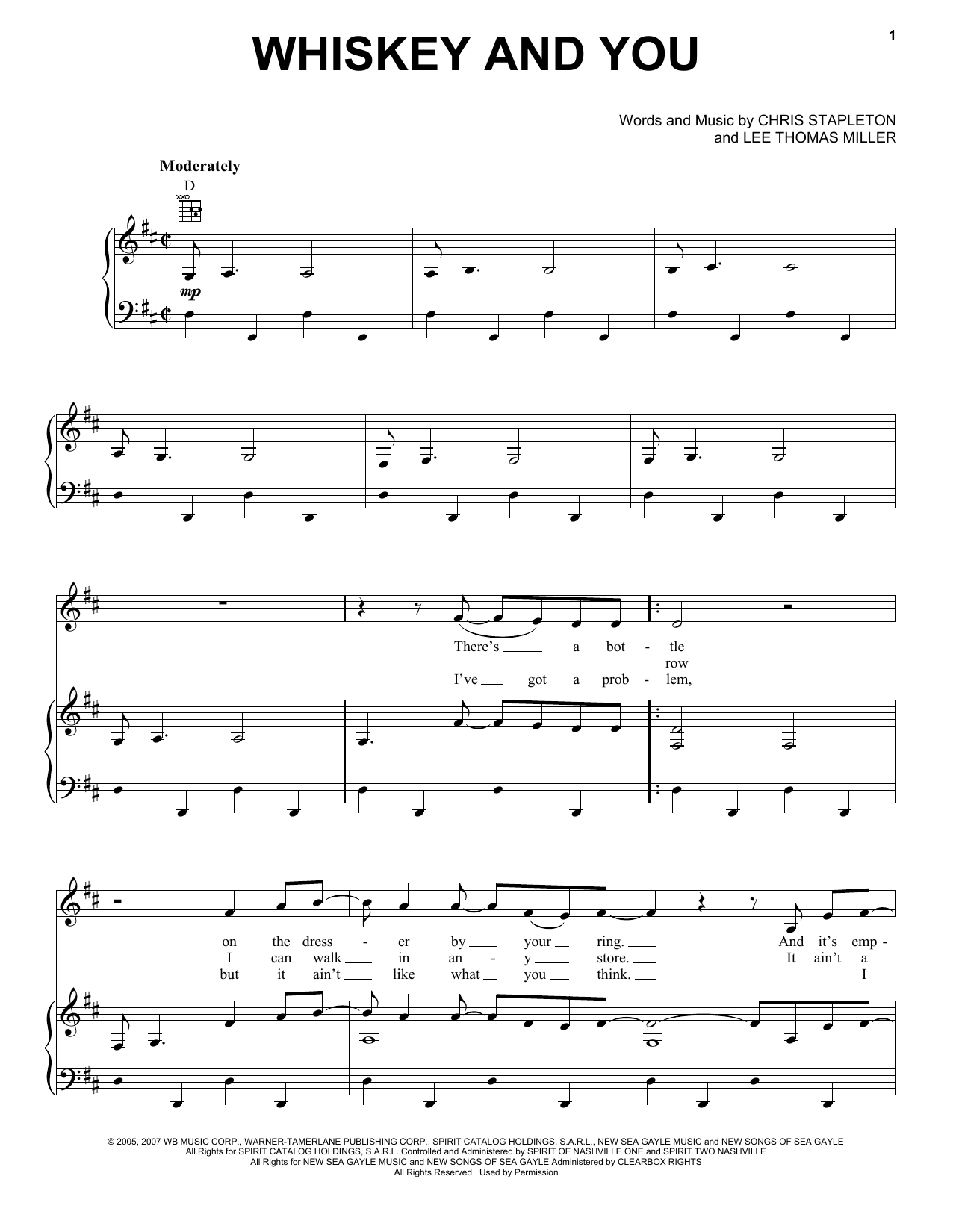 Chris Stapleton Whiskey And You Sheet Music Notes & Chords for Piano, Vocal & Guitar (Right-Hand Melody) - Download or Print PDF