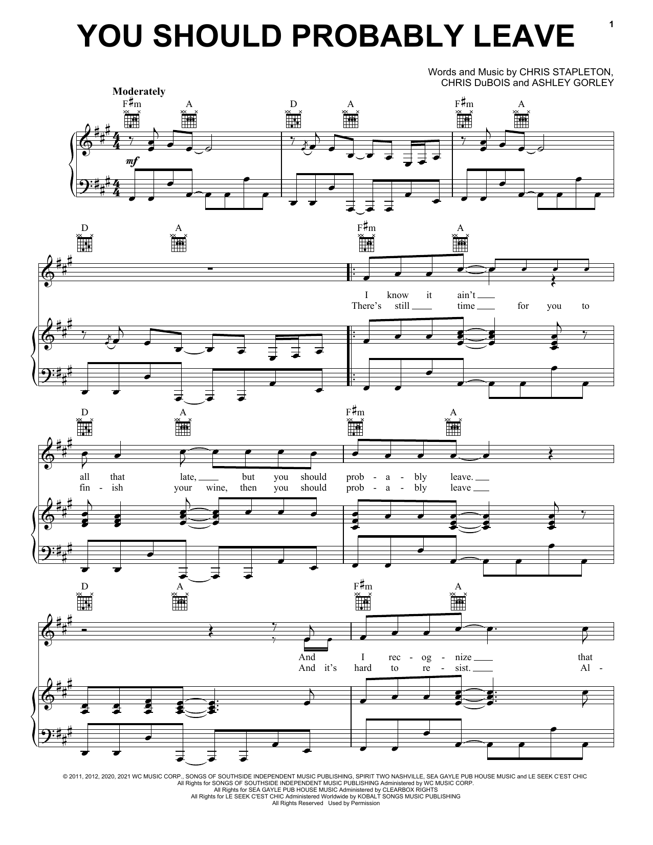Chris Stapleton You Should Probably Leave Sheet Music Notes & Chords for Piano, Vocal & Guitar (Right-Hand Melody) - Download or Print PDF