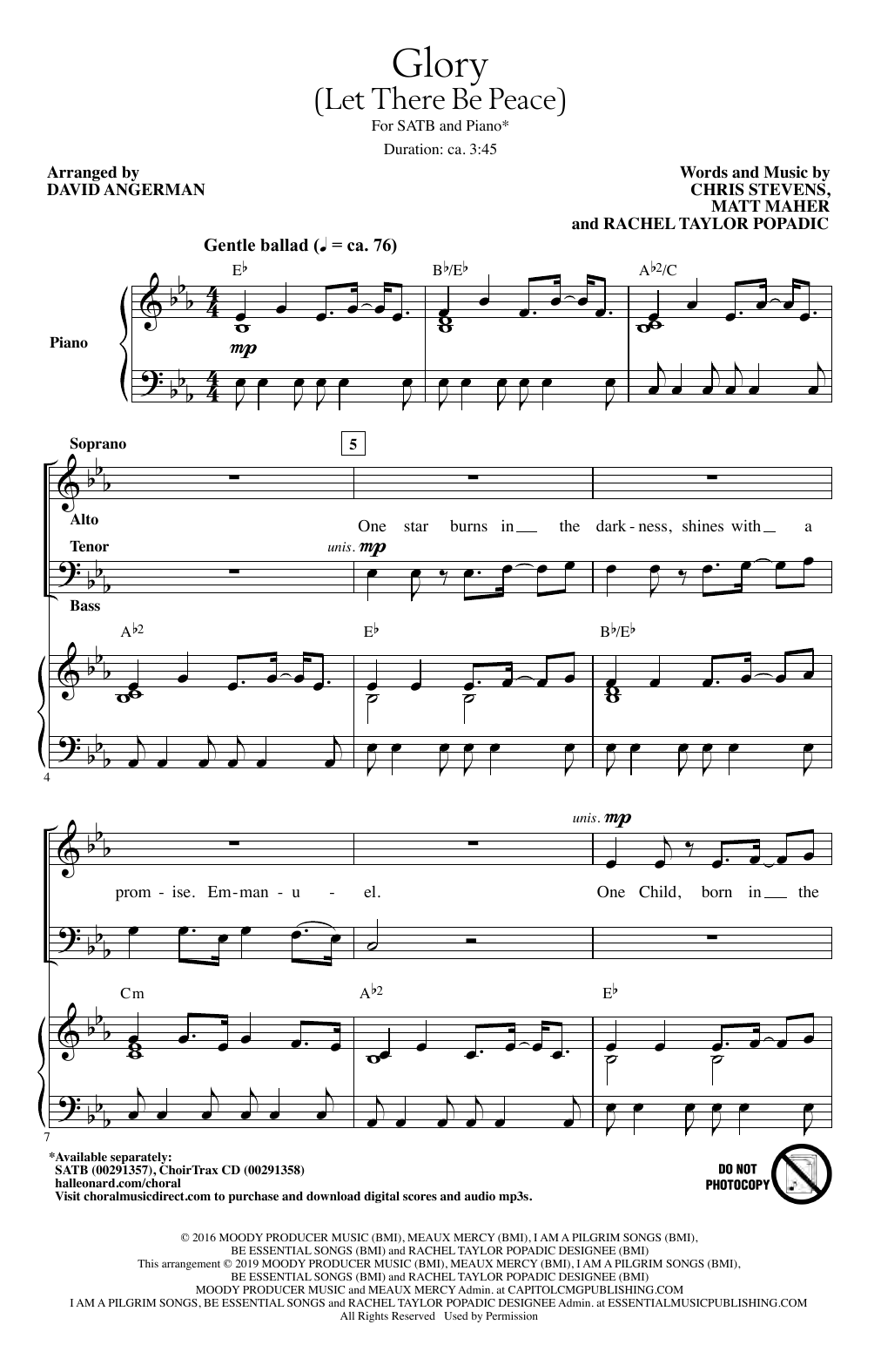 Chris Stevens, Matt Maher & Rachel Popadic Glory (Let There Be Peace) (arr. David Angerman) Sheet Music Notes & Chords for SATB Choir - Download or Print PDF