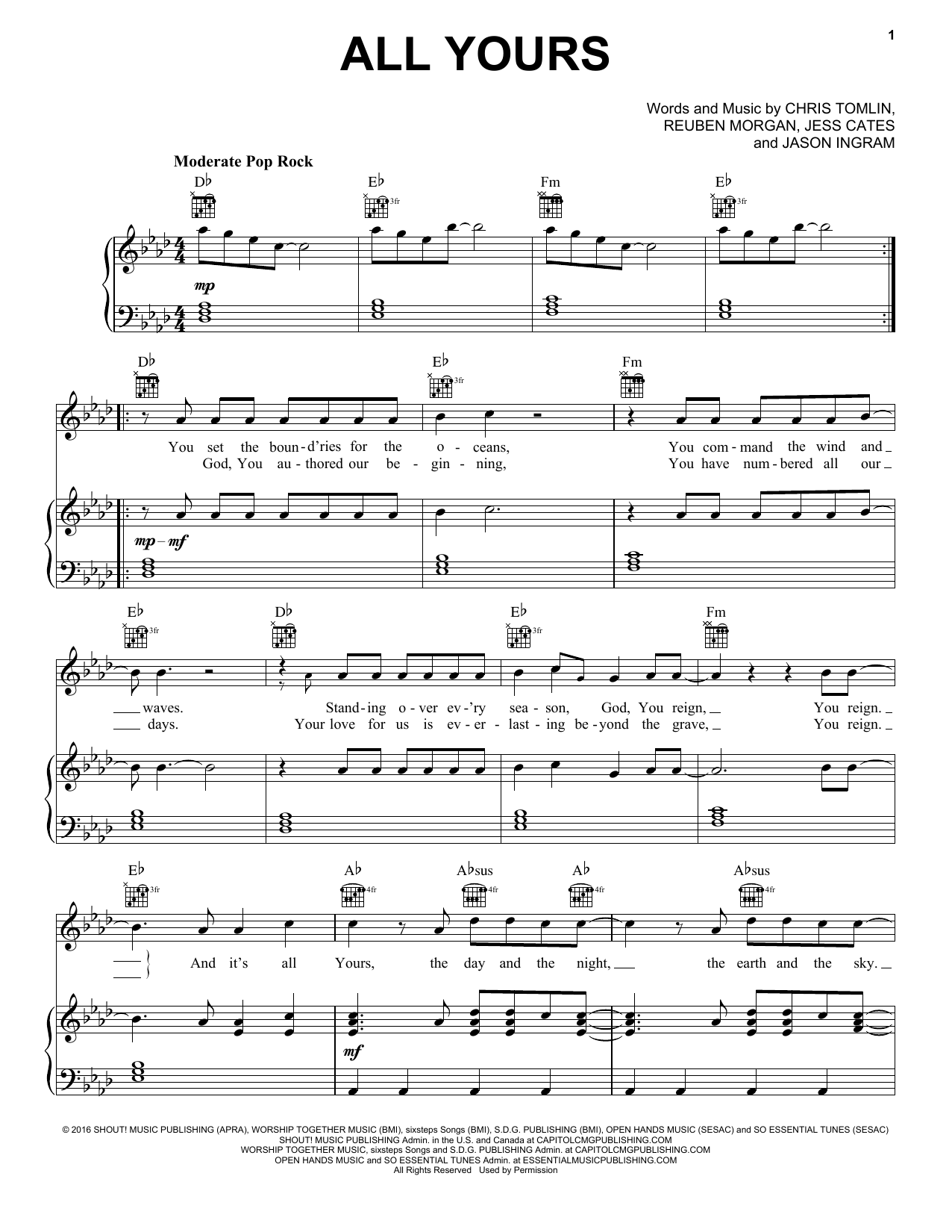 Chris Tomlin All Yours Sheet Music Notes & Chords for Piano, Vocal & Guitar (Right-Hand Melody) - Download or Print PDF