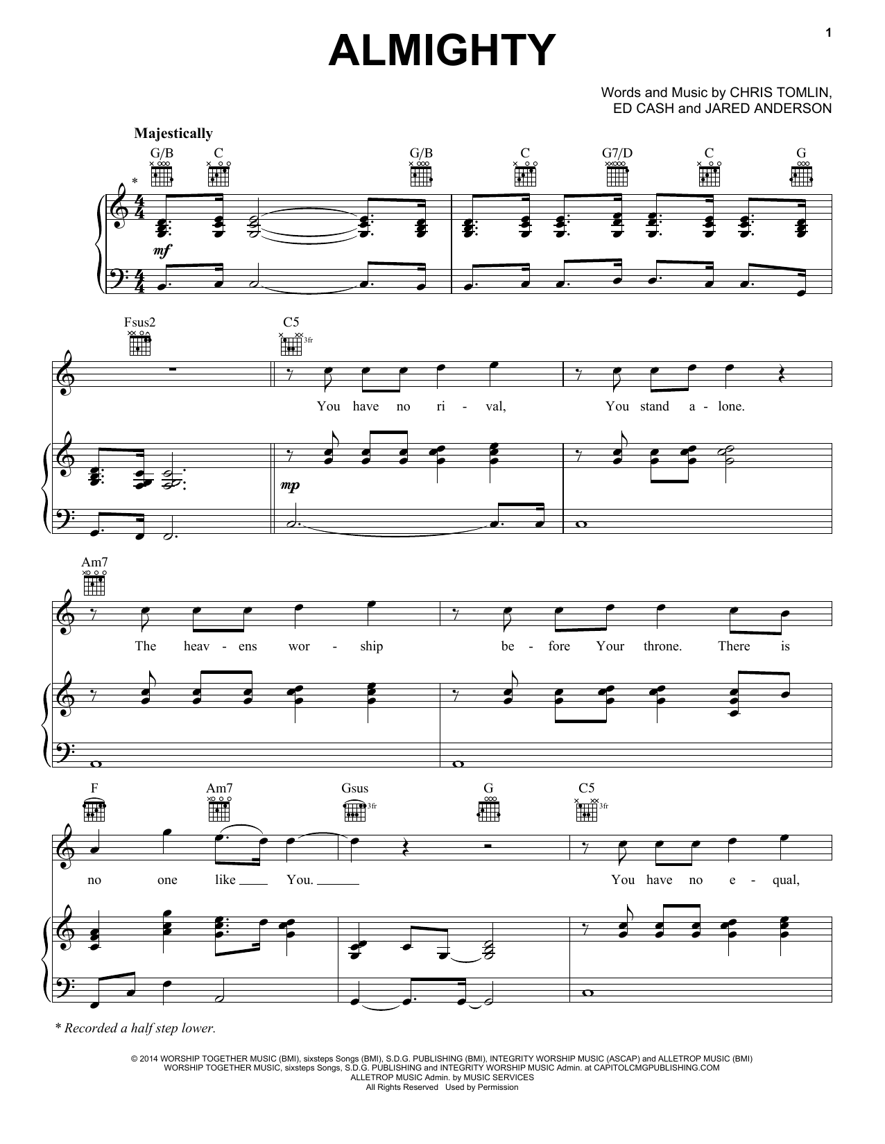 Chris Tomlin Almighty Sheet Music Notes & Chords for Piano, Vocal & Guitar (Right-Hand Melody) - Download or Print PDF