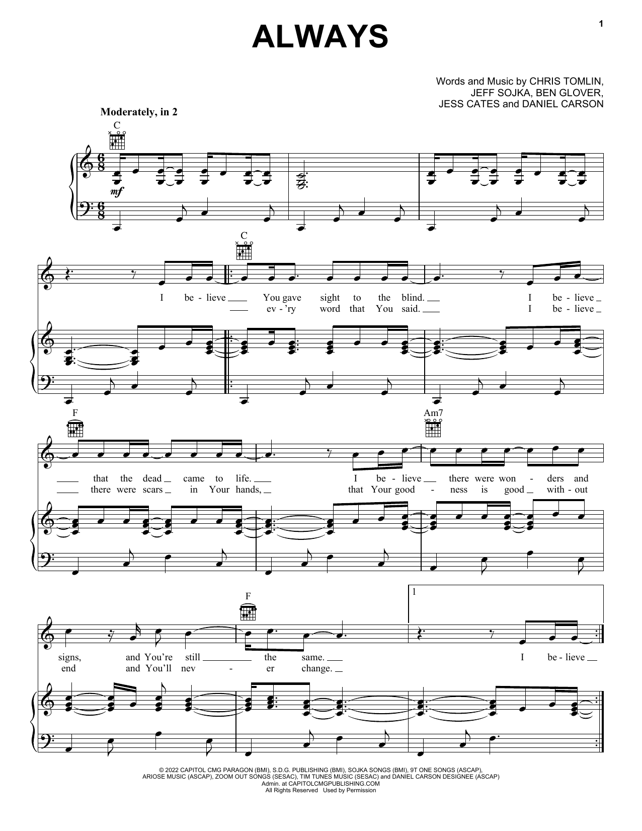 Chris Tomlin Always Sheet Music Notes & Chords for Piano, Vocal & Guitar Chords (Right-Hand Melody) - Download or Print PDF