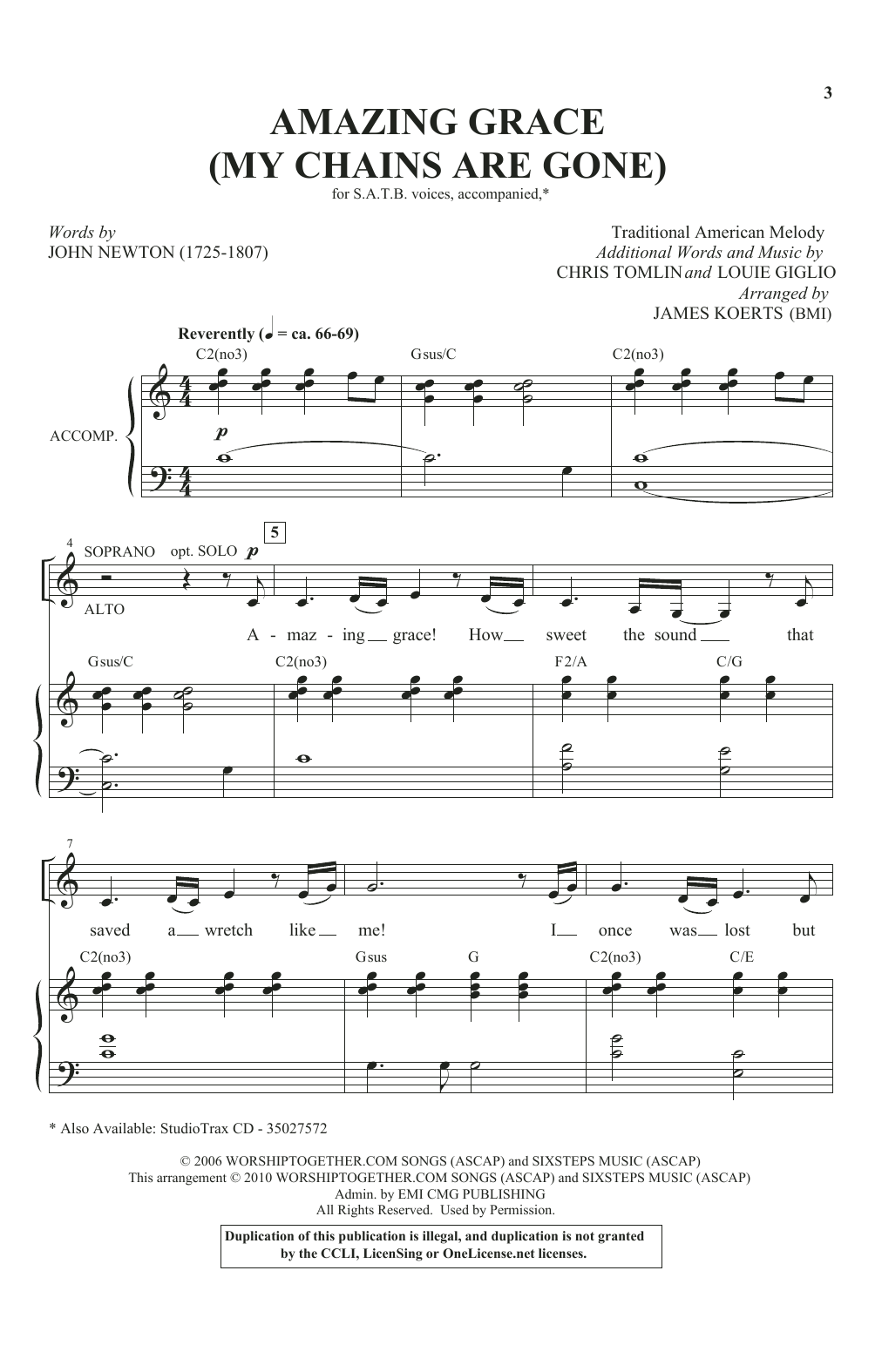 Chris Tomlin Amazing Grace (My Chains Are Gone) (arr. James Koerts) Sheet Music Notes & Chords for SATB Choir - Download or Print PDF