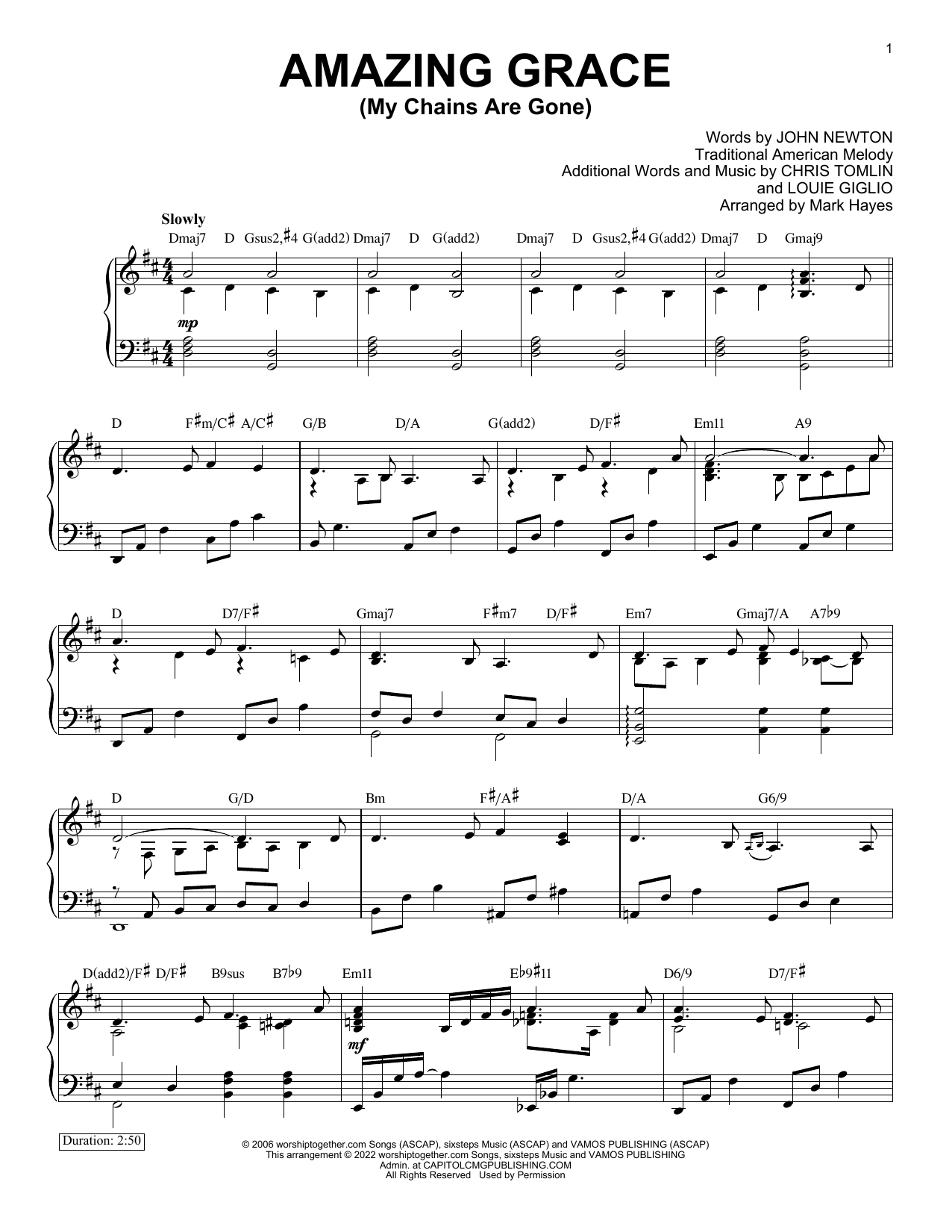 Chris Tomlin Amazing Grace (My Chains Are Gone) (arr. Mark Hayes) Sheet Music Notes & Chords for Piano Solo - Download or Print PDF