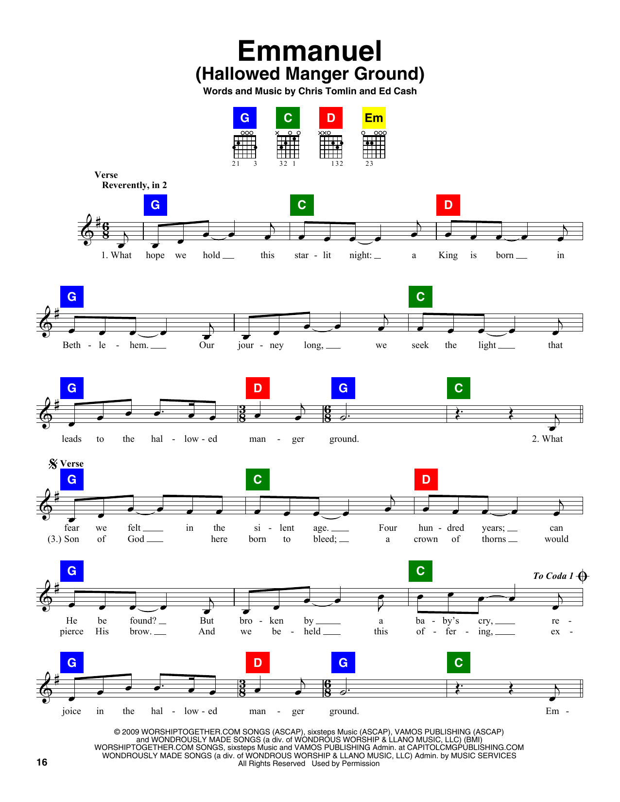 Chris Tomlin and Ed Cash Emmanuel (Hallowed Manger Ground) Sheet Music Notes & Chords for ChordBuddy - Download or Print PDF