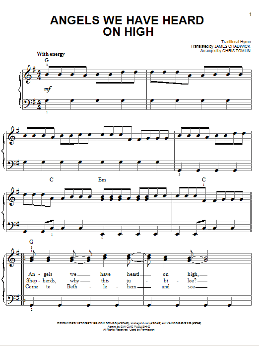 Chris Tomlin Angels We Have Heard On High Sheet Music Notes & Chords for Easy Piano - Download or Print PDF
