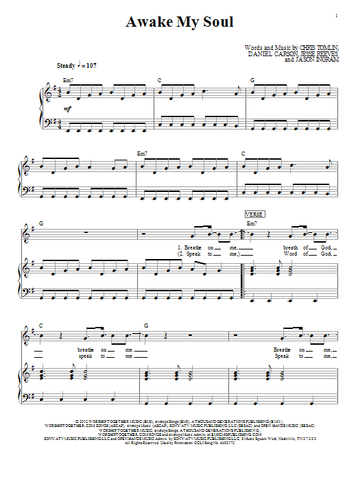 Chris Tomlin Awake My Soul Sheet Music Notes & Chords for Piano, Vocal & Guitar (Right-Hand Melody) - Download or Print PDF