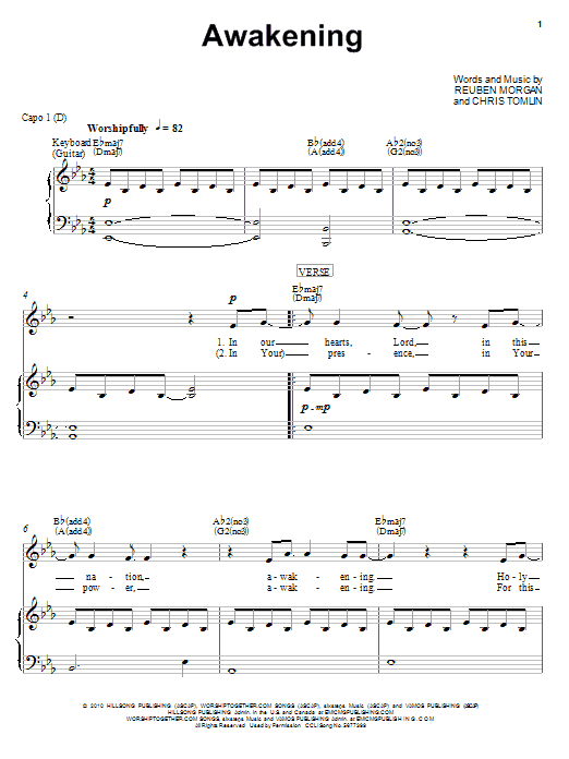 Chris Tomlin Awakening Sheet Music Notes & Chords for Piano, Vocal & Guitar (Right-Hand Melody) - Download or Print PDF