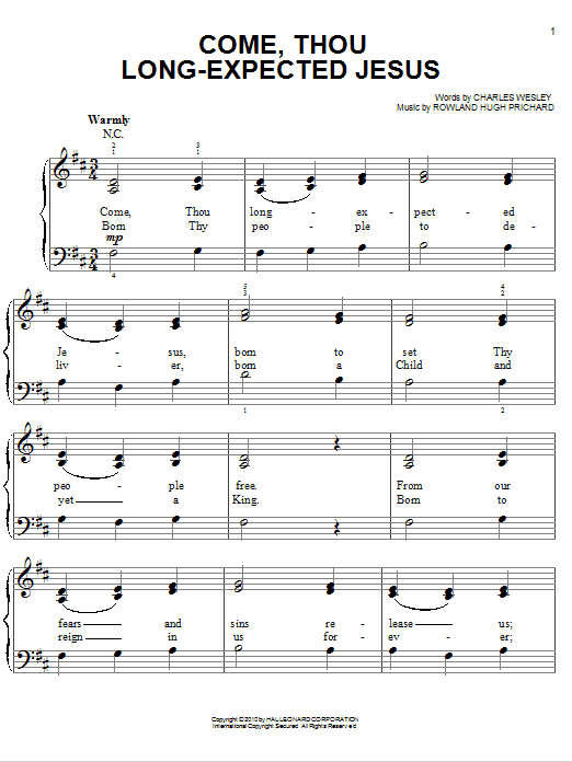 Chris Tomlin Come, Thou Long-Expected Jesus Sheet Music Notes & Chords for Easy Piano - Download or Print PDF