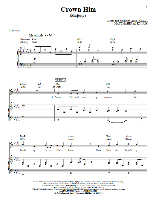 Chris Tomlin Crown Him (Majesty) Sheet Music Notes & Chords for Piano, Vocal & Guitar (Right-Hand Melody) - Download or Print PDF