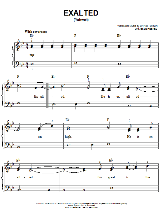 Chris Tomlin Exalted (Yahweh) Sheet Music Notes & Chords for Easy Piano - Download or Print PDF