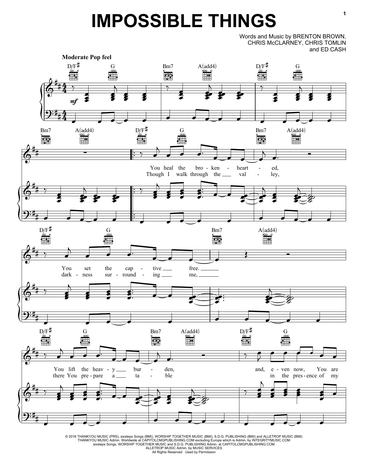 Chris Tomlin feat. Danny Gokey Impossible Things Sheet Music Notes & Chords for Piano, Vocal & Guitar (Right-Hand Melody) - Download or Print PDF