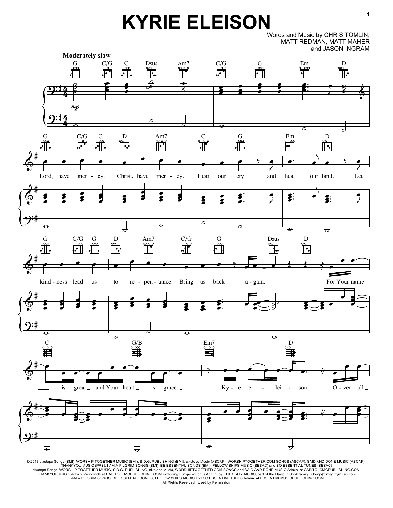 Chris Tomlin feat. Matt Maher, Matt Redman and Jason Ingram Kyrie Eleison Sheet Music Notes & Chords for Piano, Vocal & Guitar (Right-Hand Melody) - Download or Print PDF