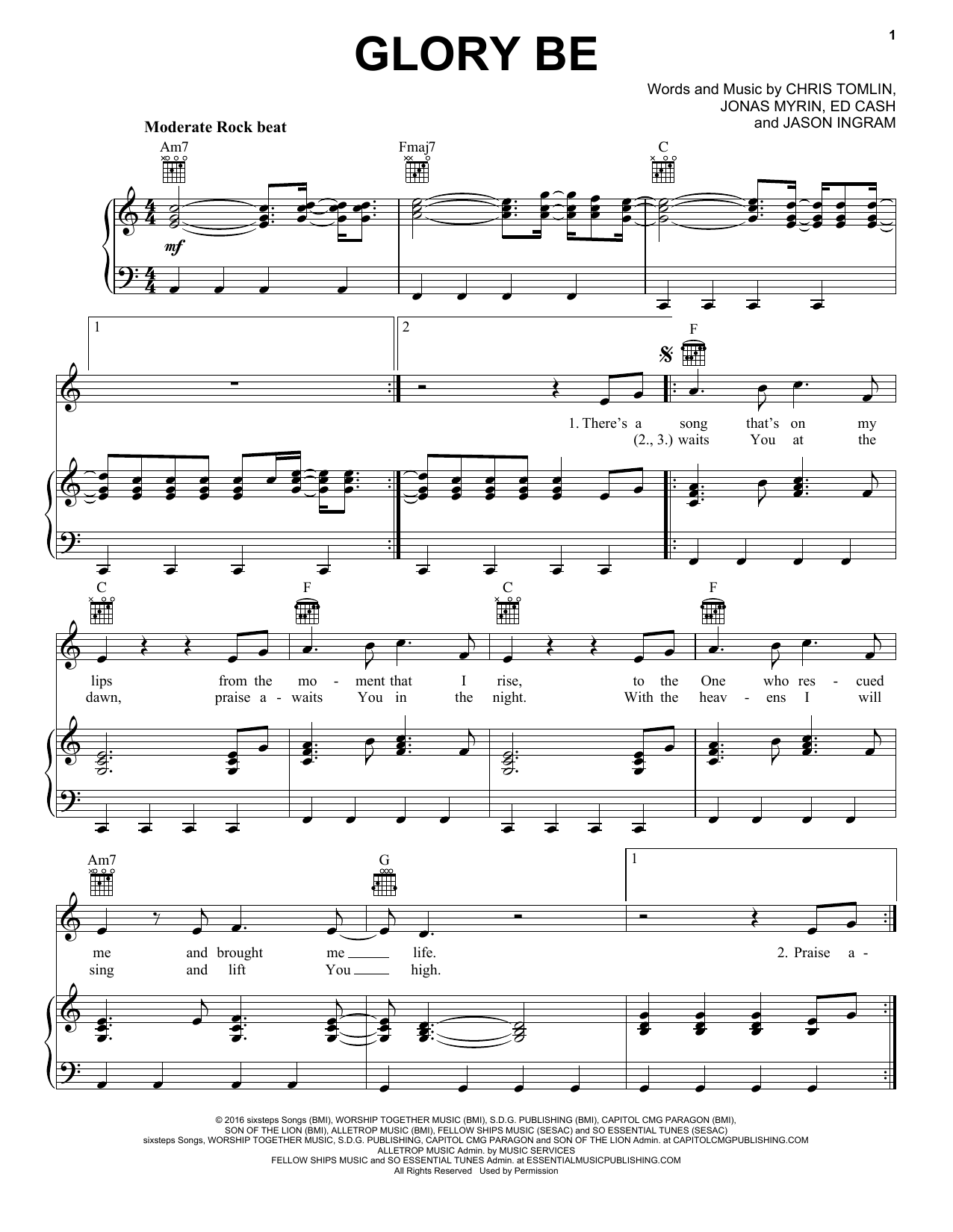 Chris Tomlin Glory Be Sheet Music Notes & Chords for Piano, Vocal & Guitar (Right-Hand Melody) - Download or Print PDF