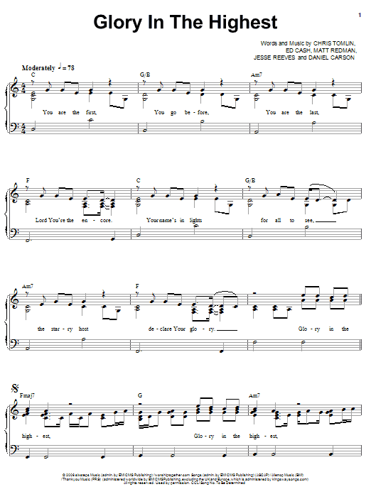 Chris Tomlin Glory In The Highest Sheet Music Notes & Chords for Easy Guitar Tab - Download or Print PDF