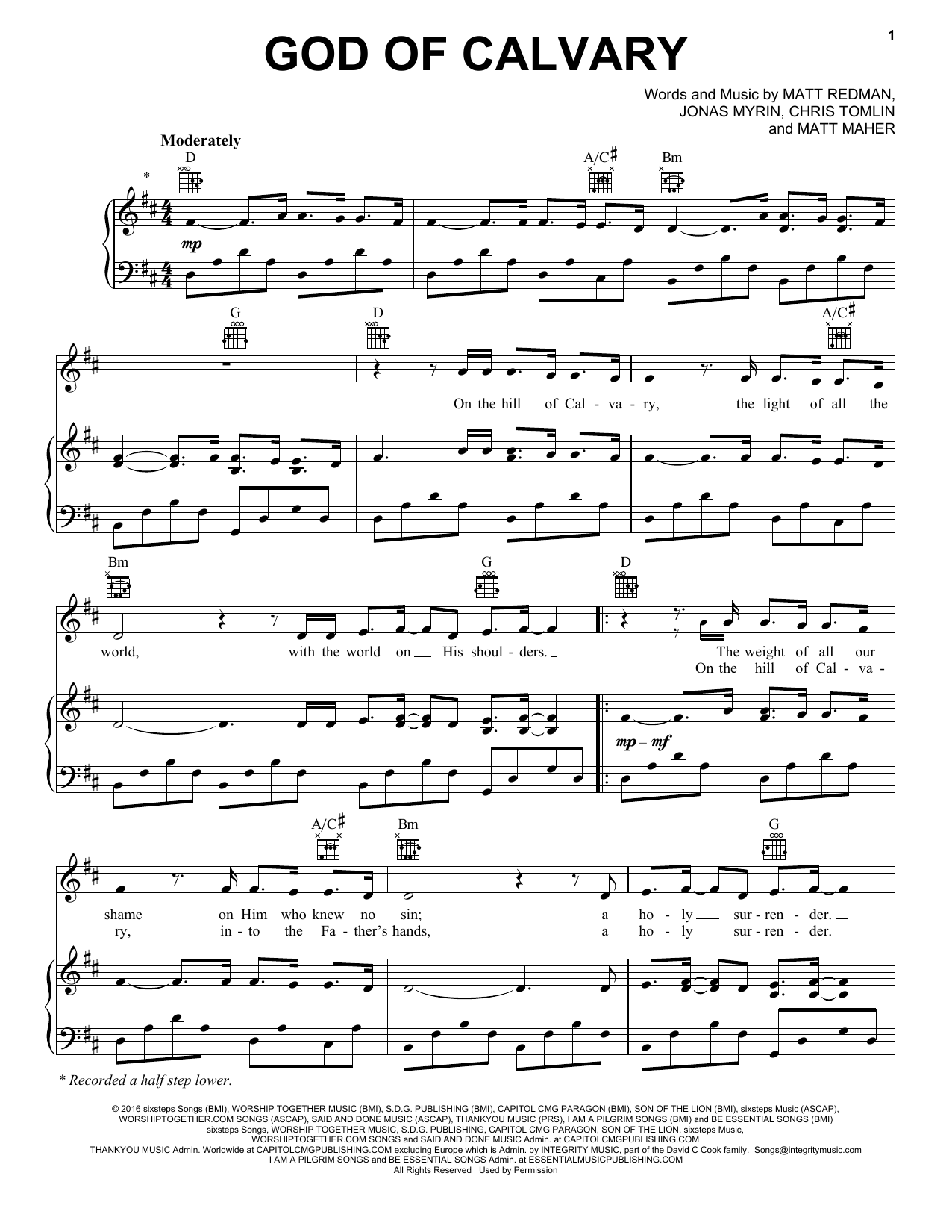 Chris Tomlin God Of Calvary Sheet Music Notes & Chords for Piano, Vocal & Guitar (Right-Hand Melody) - Download or Print PDF
