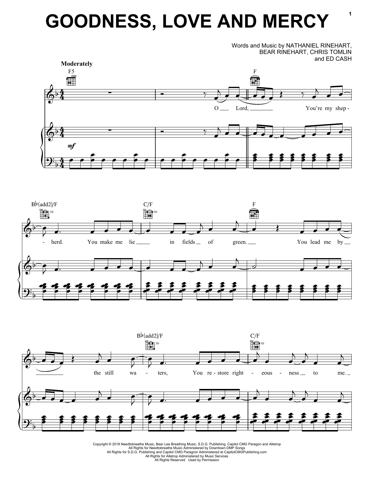 Chris Tomlin Goodness, Love And Mercy Sheet Music Notes & Chords for Piano, Vocal & Guitar (Right-Hand Melody) - Download or Print PDF