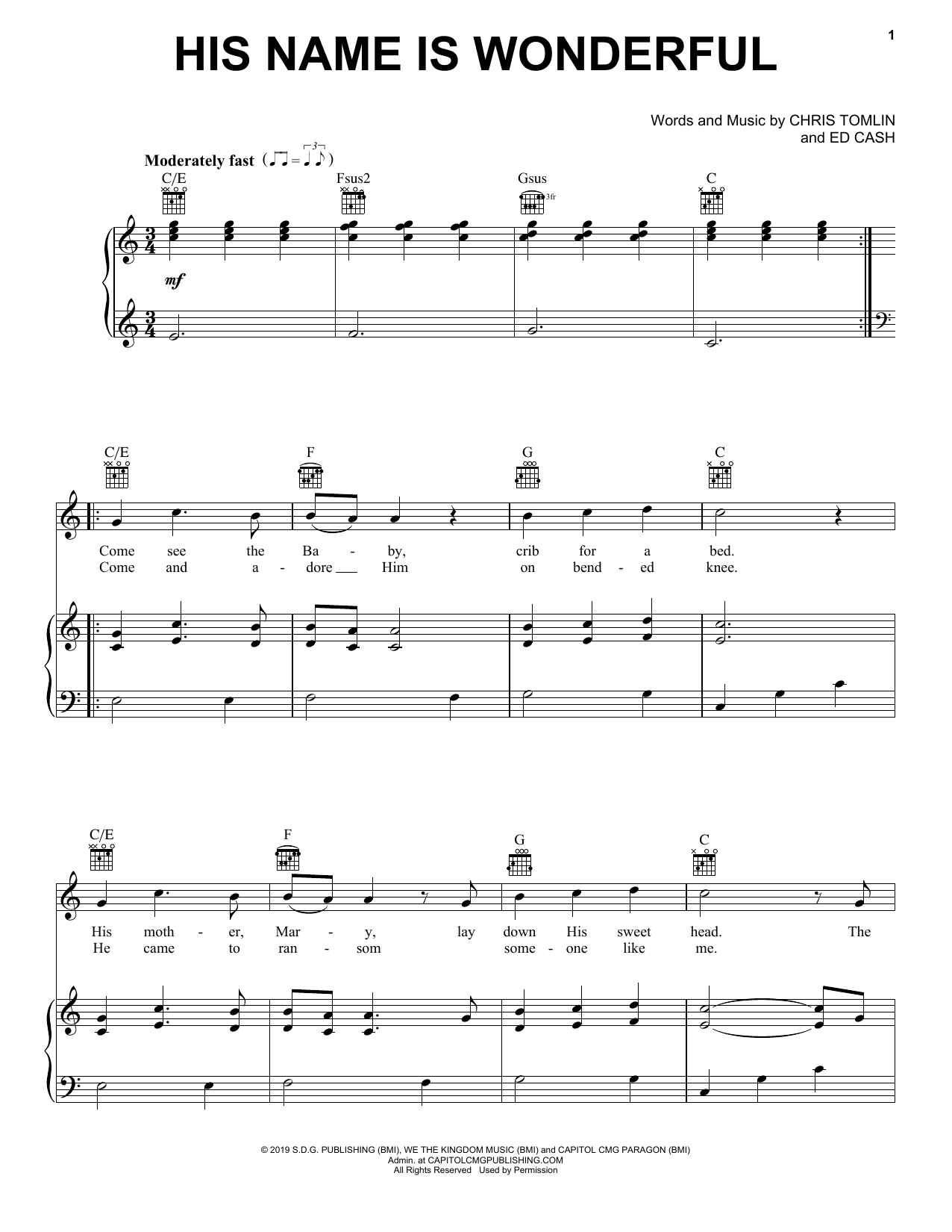 Chris Tomlin His Name Is Wonderful Sheet Music Notes & Chords for Piano, Vocal & Guitar (Right-Hand Melody) - Download or Print PDF