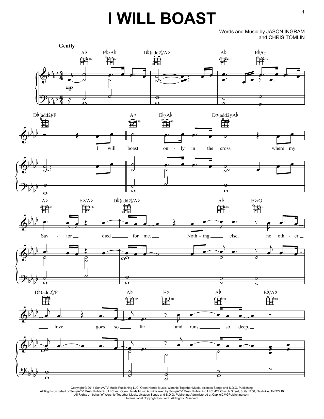 Chris Tomlin I Will Boast Sheet Music Notes & Chords for Piano, Vocal & Guitar (Right-Hand Melody) - Download or Print PDF