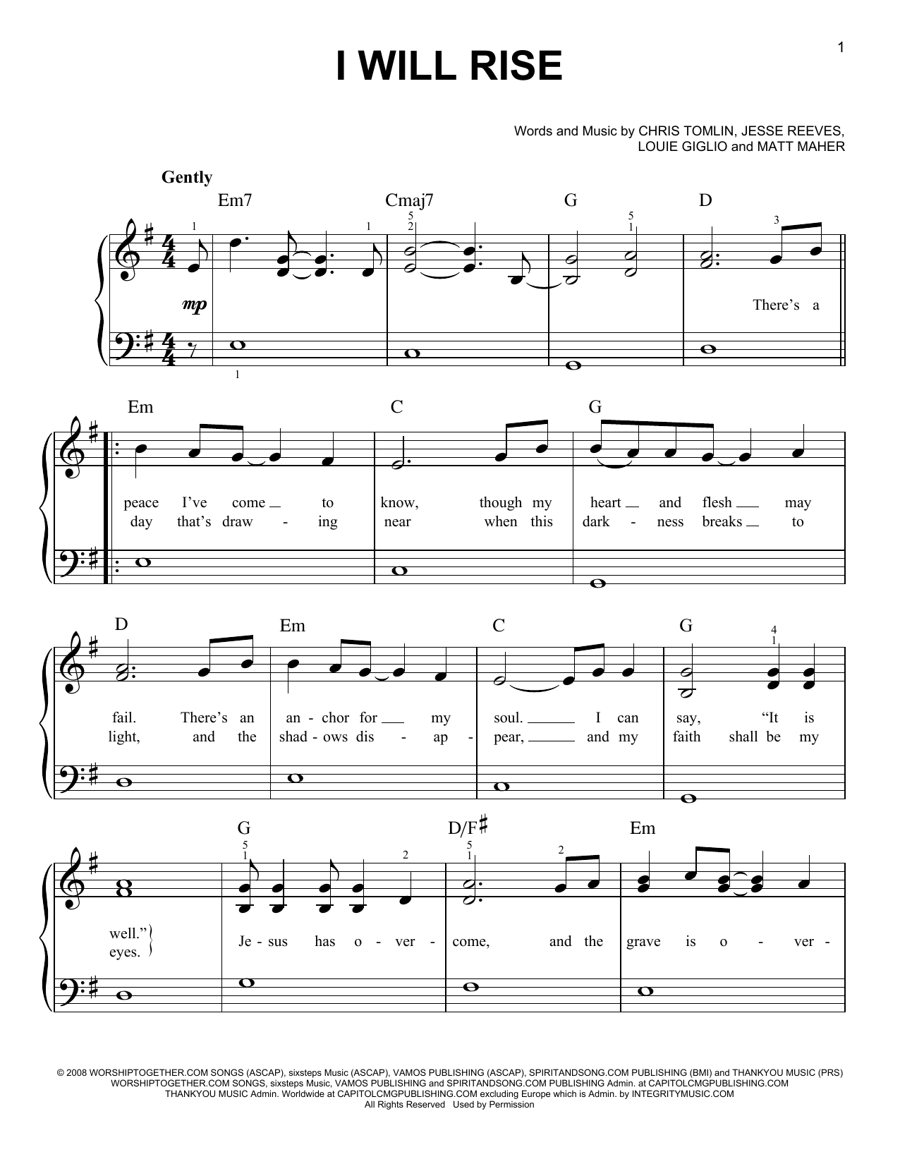 Chris Tomlin I Will Rise Sheet Music Notes & Chords for Easy Piano - Download or Print PDF