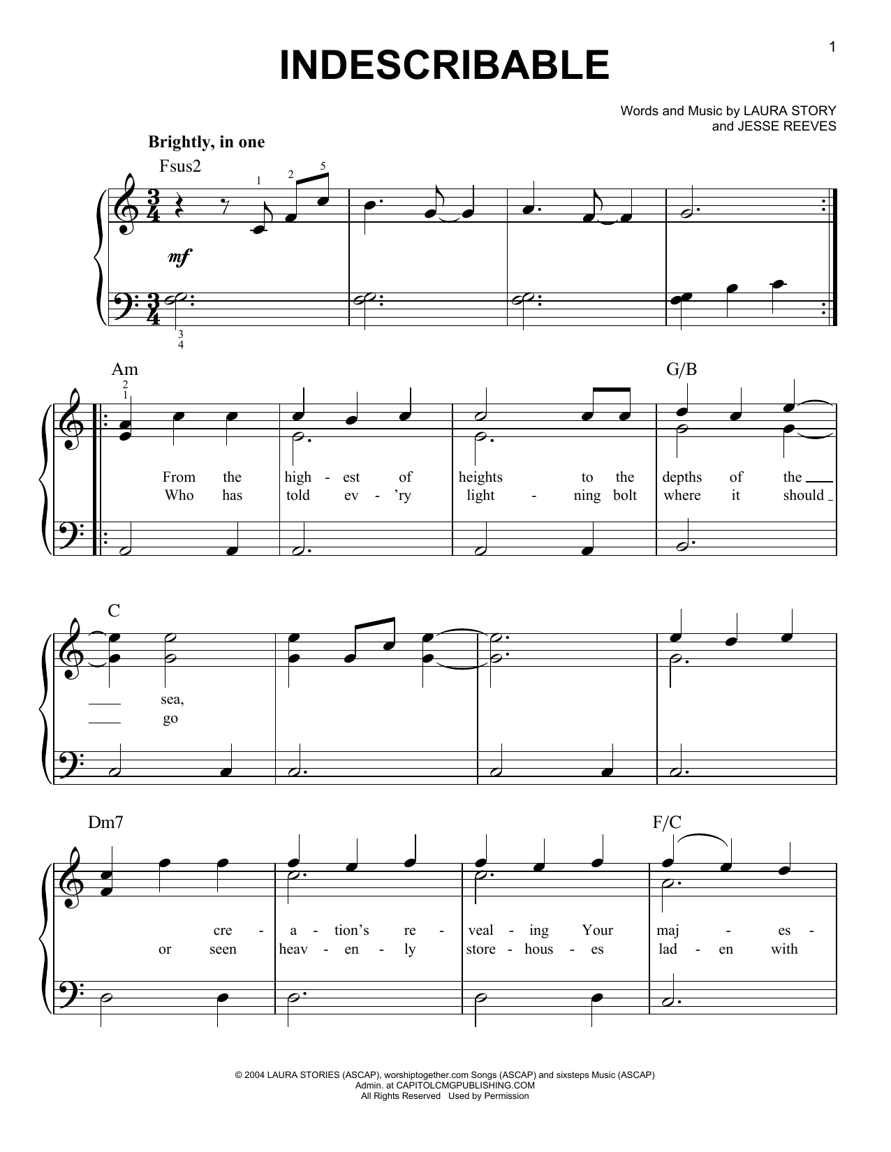 Chris Tomlin Indescribable Sheet Music Notes & Chords for Easy Piano - Download or Print PDF